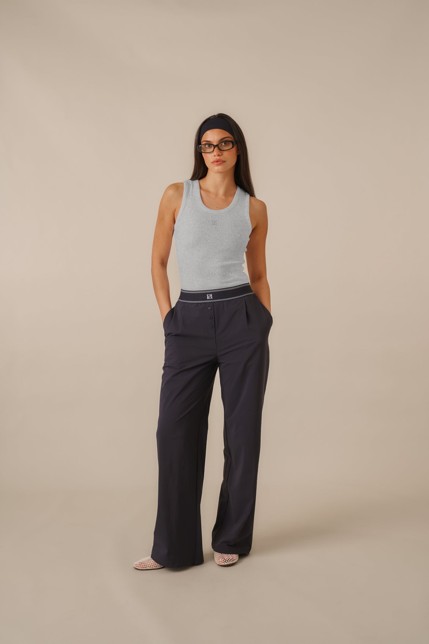 Ribbed Emblem Vest Top - Grey Marl