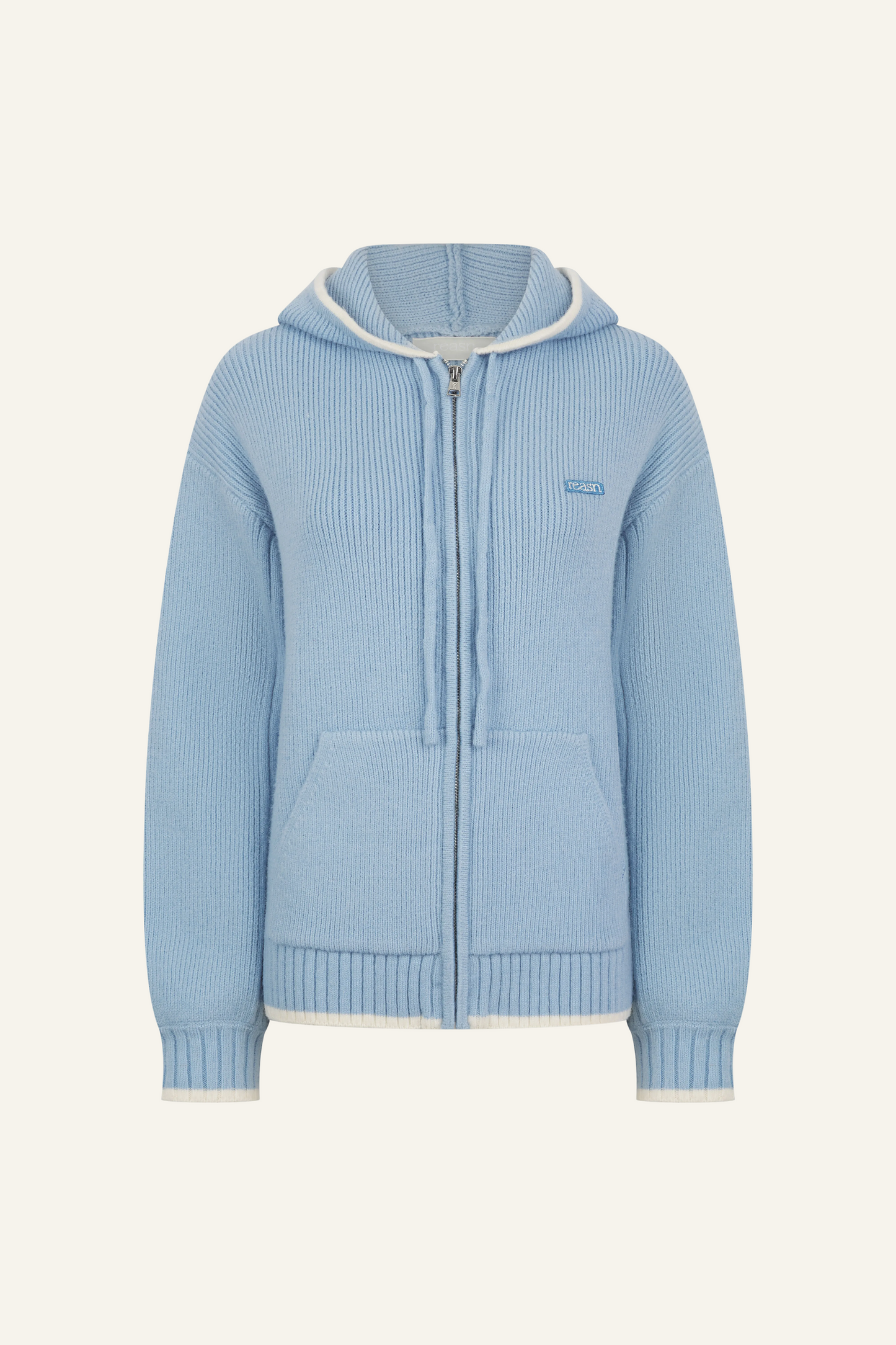 Contrast Tipping Knitted Zip Through Hoodie - Powder Blue