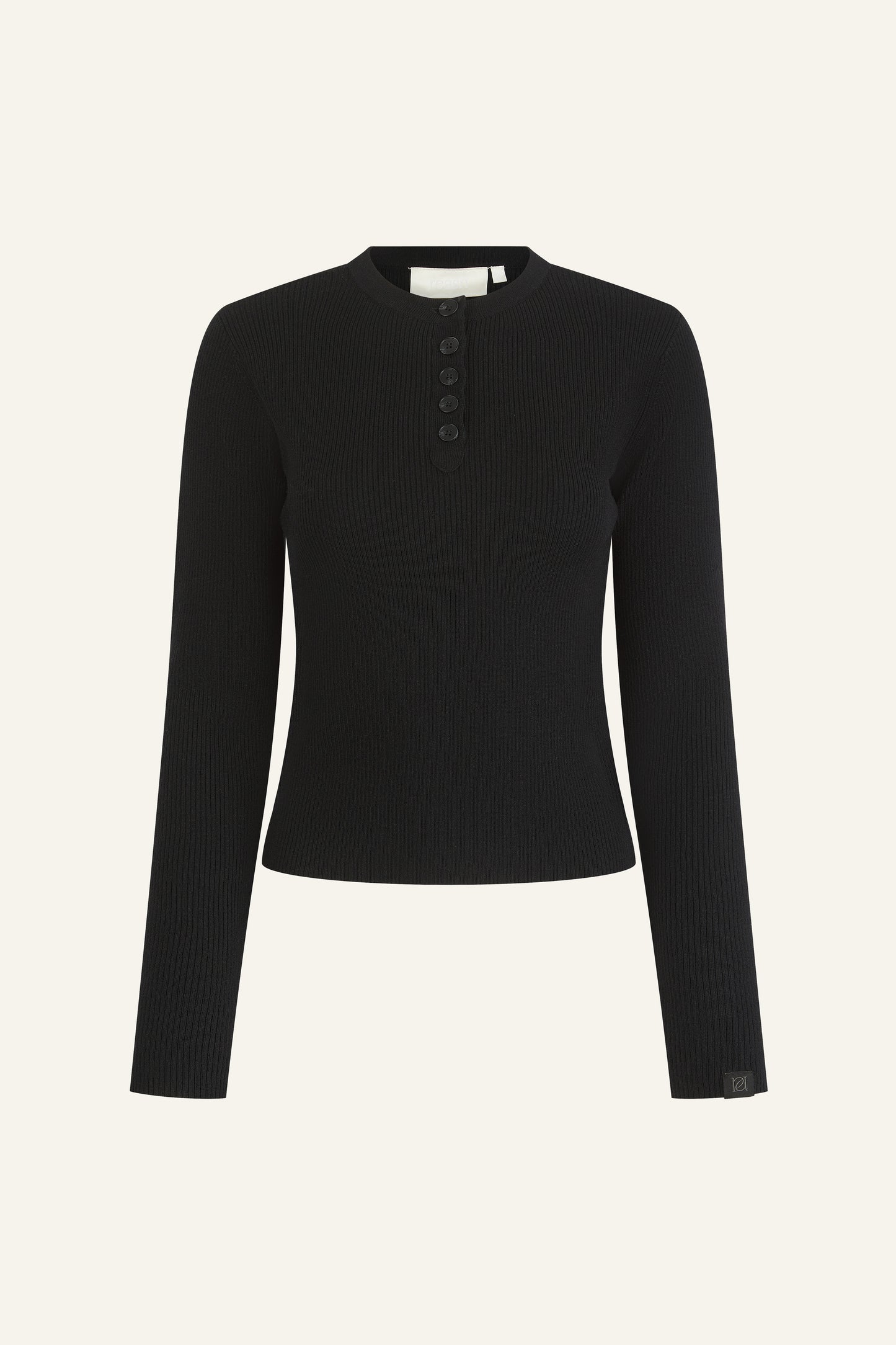 Rib Knit Button Front Long Sleeve Top - Core Black
