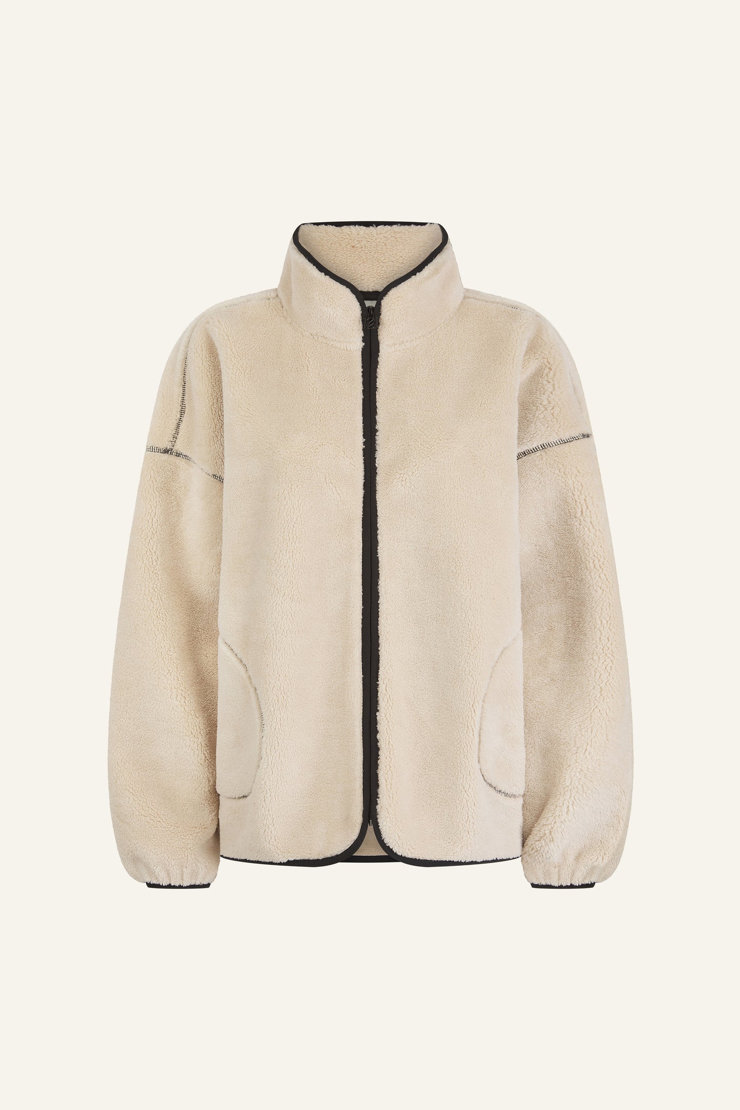 Oversized Contrast Seam Zip Through Borg Jacket - Crème