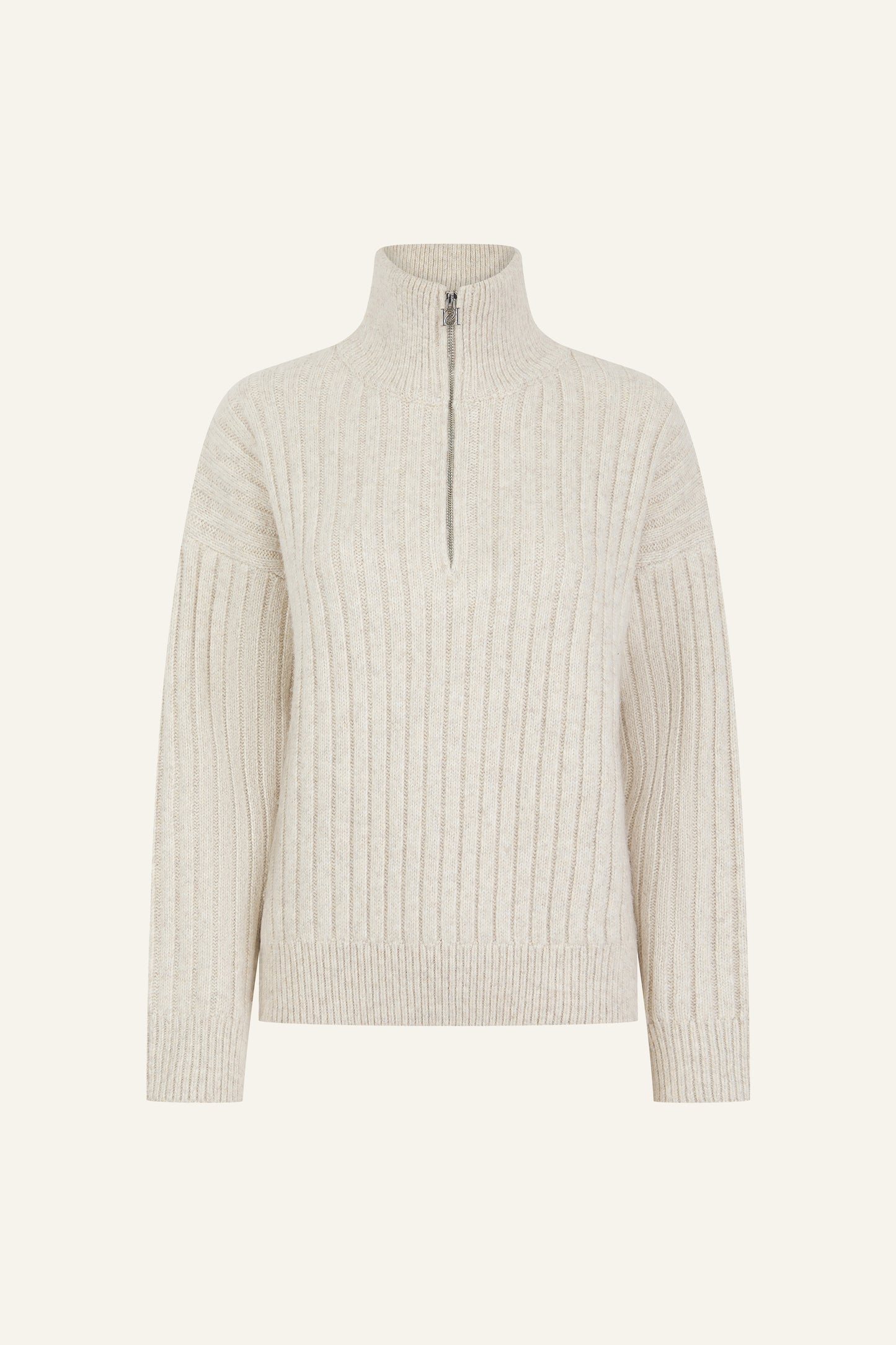 Wide Rib Quarter Zip Knitted Jumper - Oatmeal