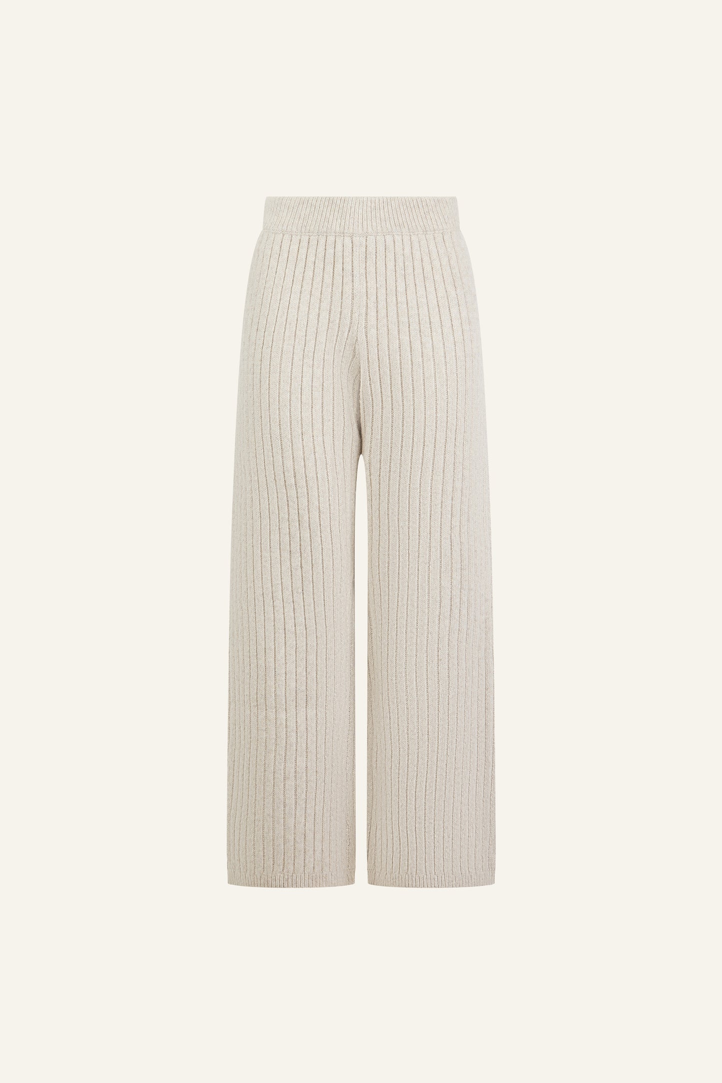 Wide Rib High Waist Knitted Trousers - Oatmeal