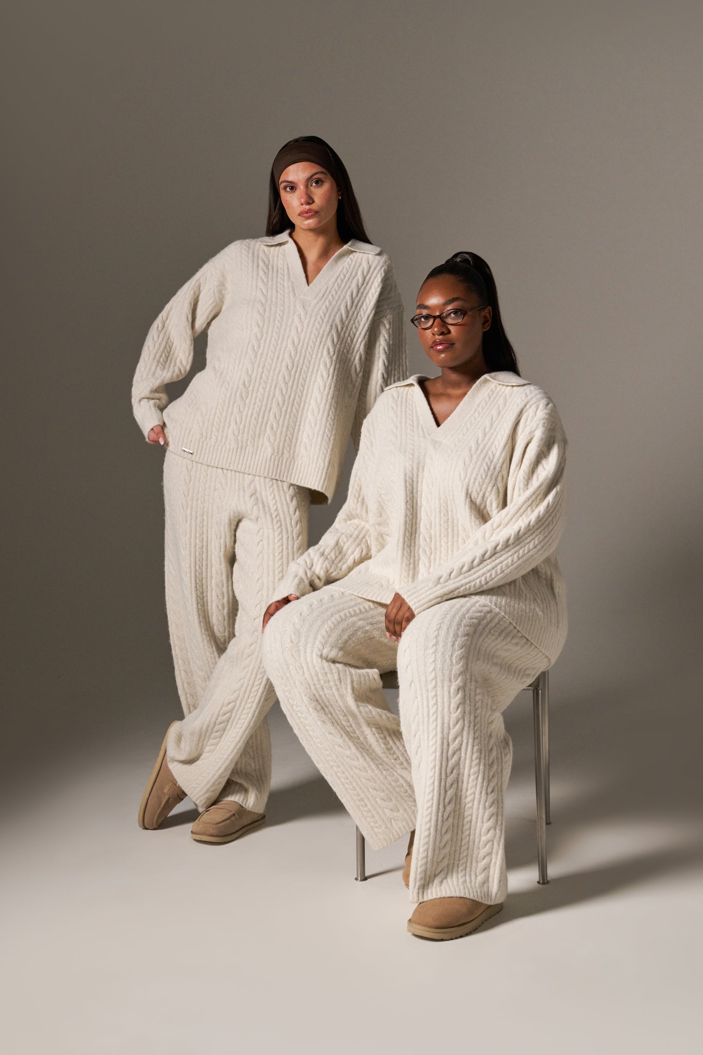 Cable Rugby Collar Knit Jumper - Crème