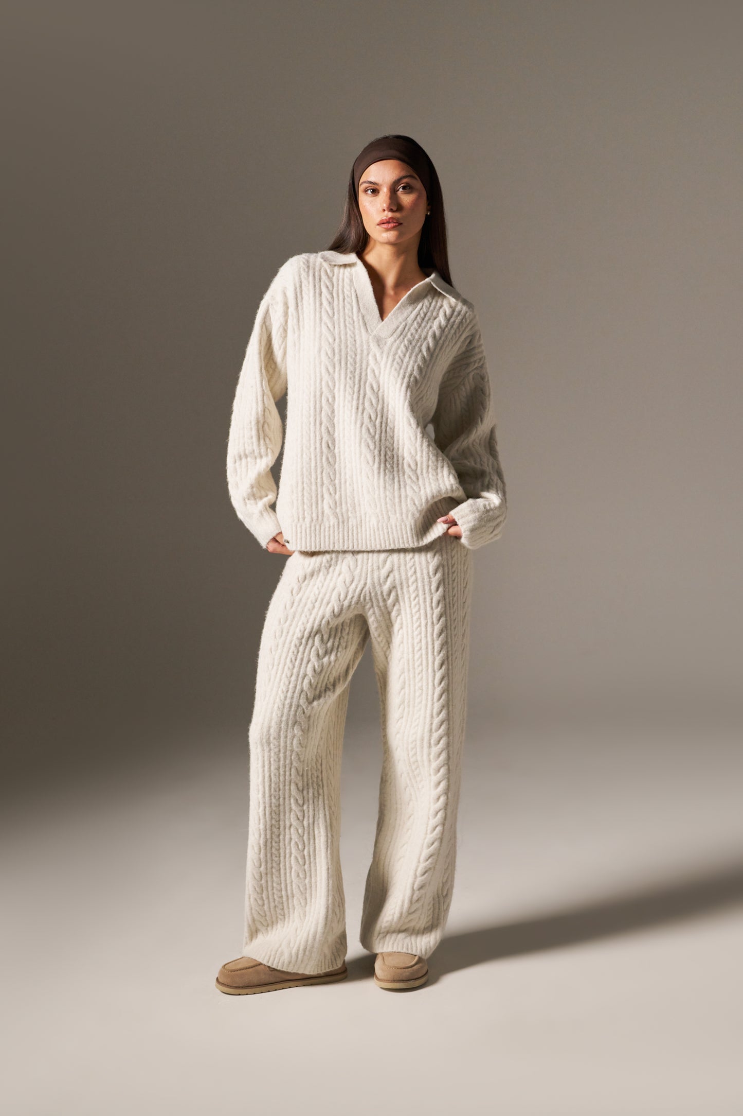 Cable Rugby Collar Knit Jumper - Crème