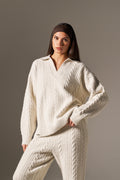 Cable Rugby Collar Knit Jumper - Crème