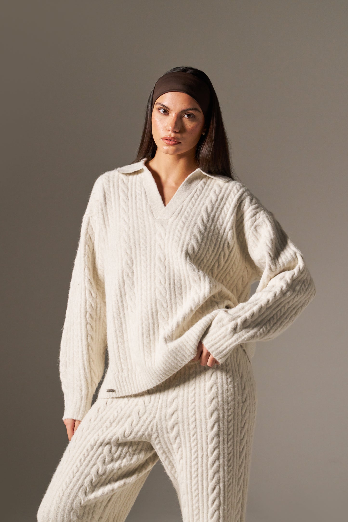 Cable Rugby Collar Knit Jumper - Crème