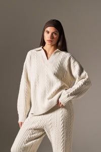 Cable Rugby Collar Knit Jumper - Crème