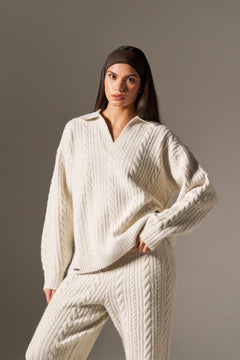 Cable Rugby Collar Knit Jumper - Crème