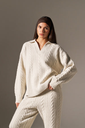 Cable Rugby Collar Knit Jumper - Crème – reasn