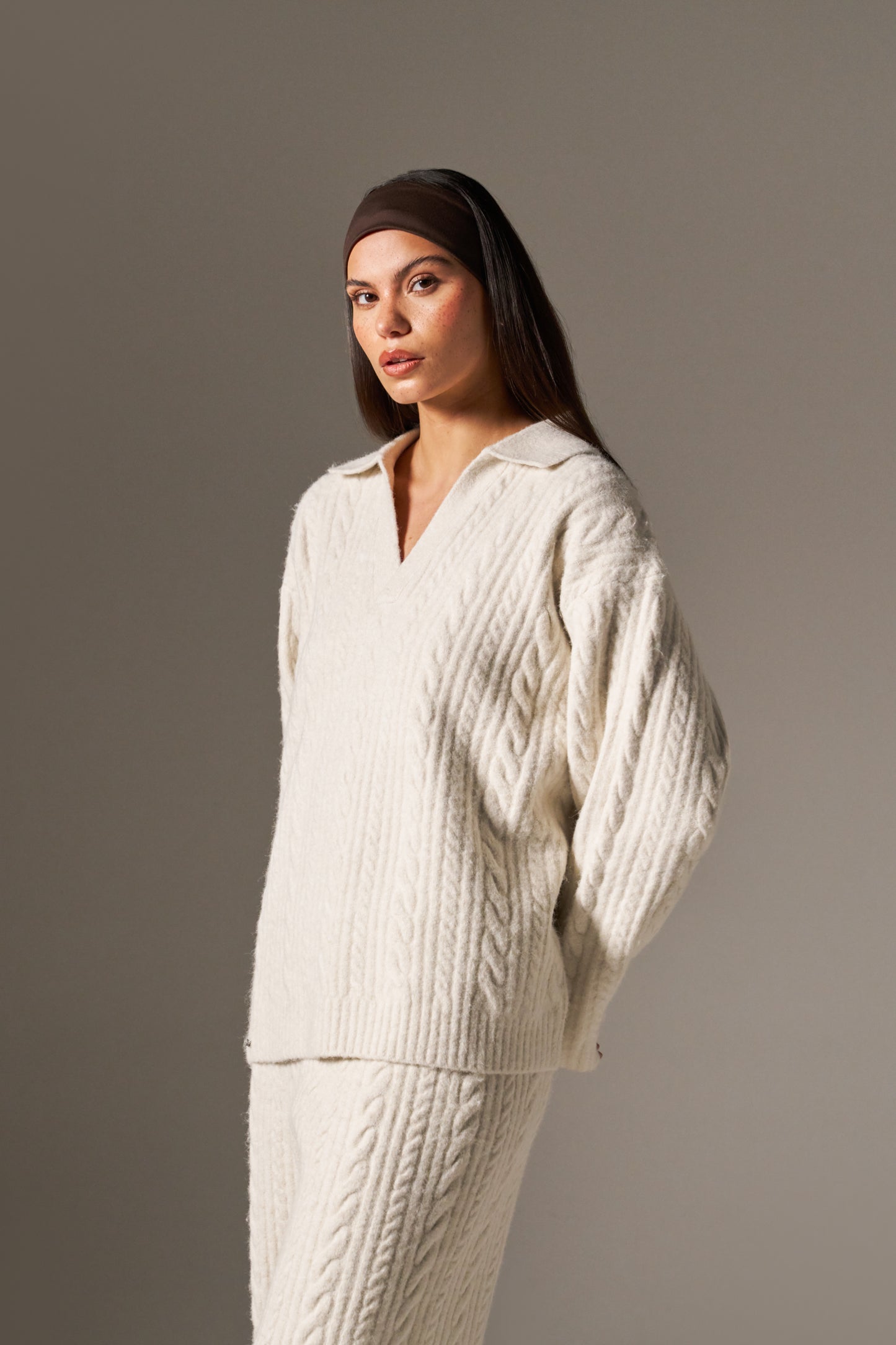 Cable Rugby Collar Knit Jumper - Crème