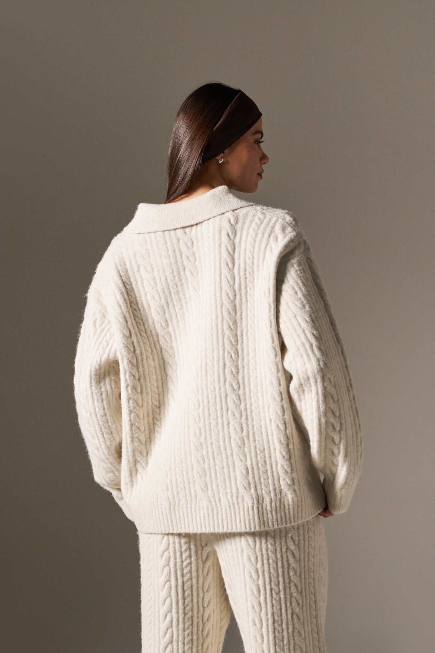 Cable Rugby Collar Knit Jumper - Crème