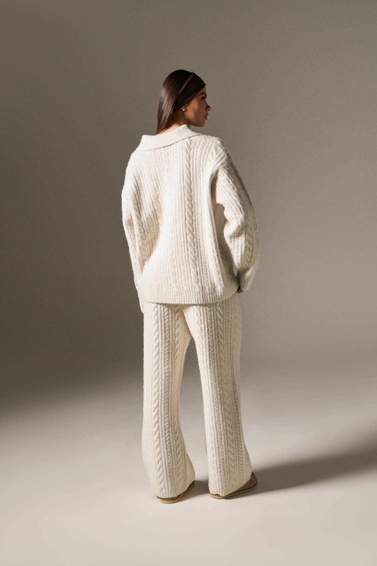 Cable Rugby Collar Knit Jumper - Crème