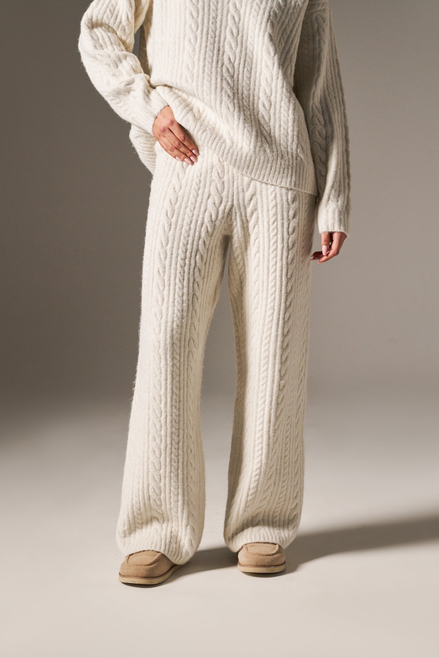 Cable Wide Leg Knit Trousers - Crème