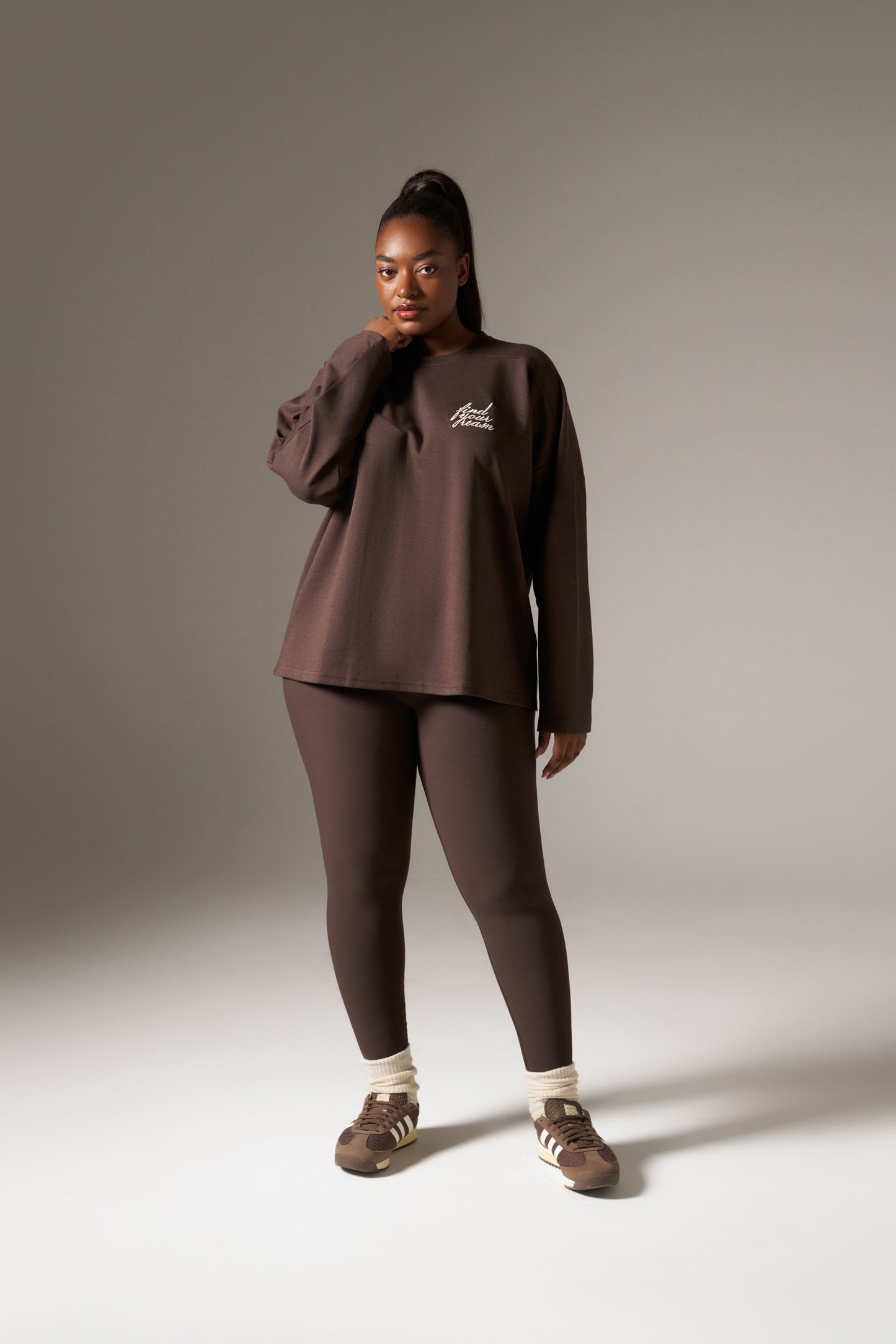 Oversized Long Sleeve Structured T Shirt- Espresso