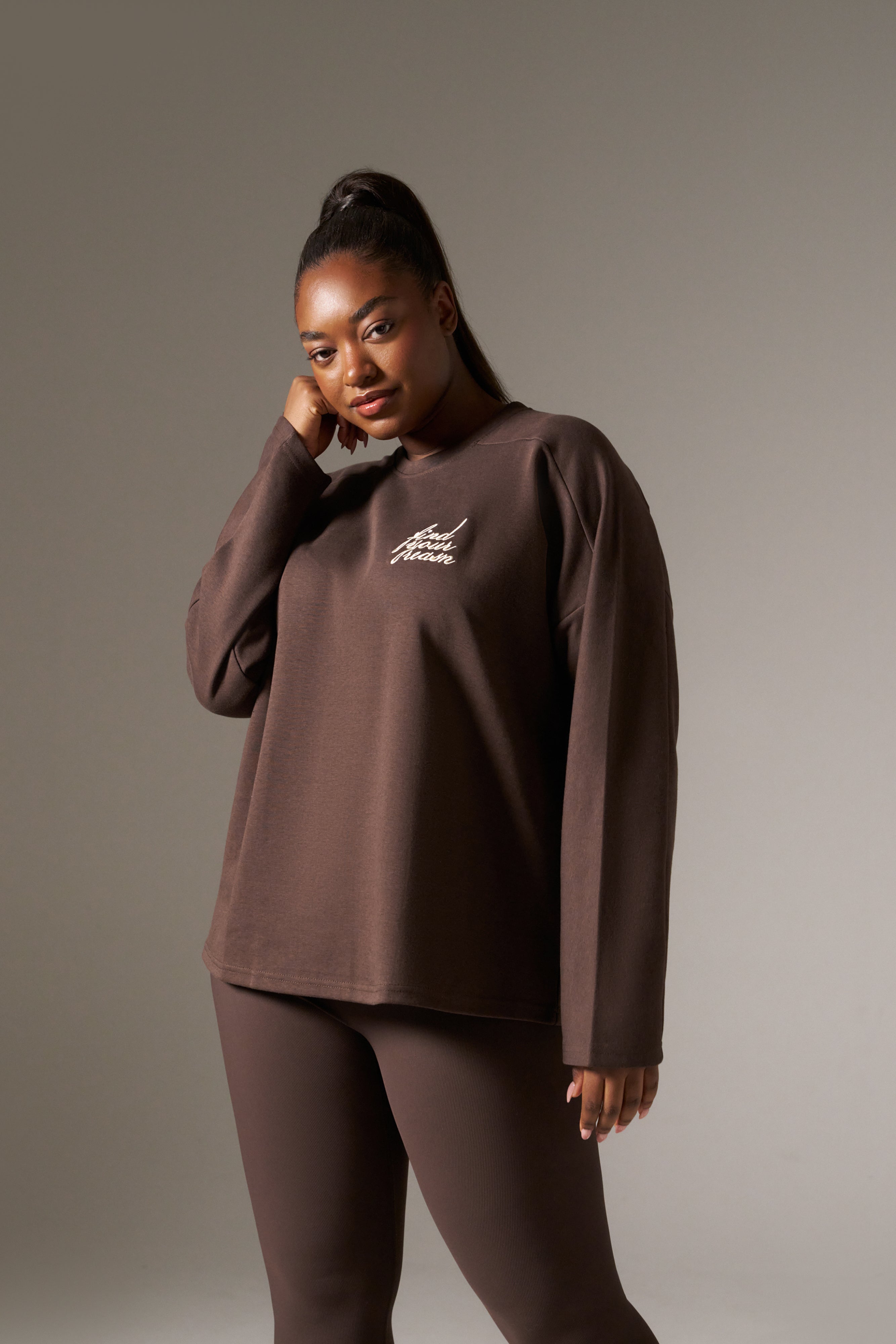 Oversized Long Sleeve Structured T Shirt- Espresso – reasn