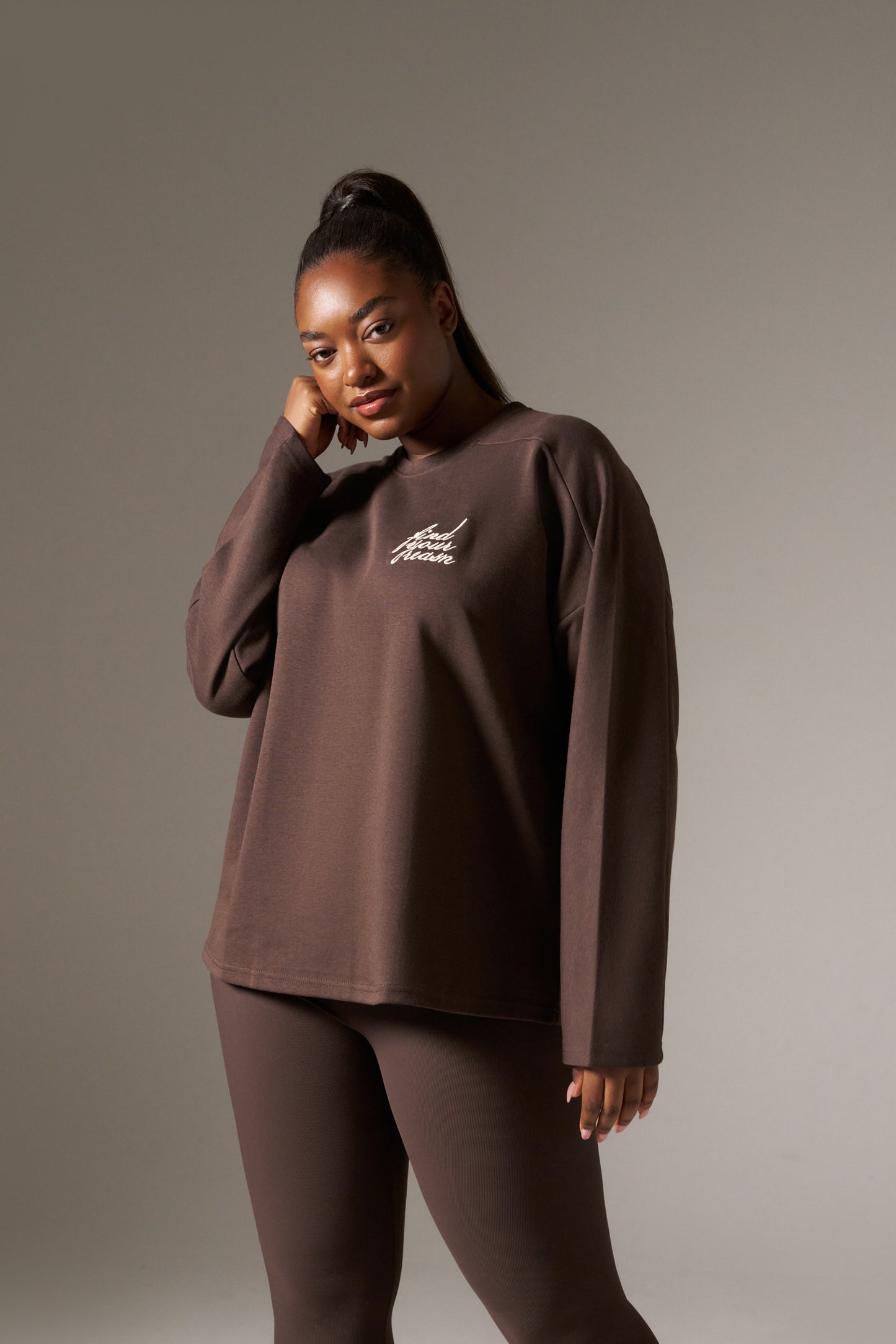 Oversized Long Sleeve Structured T Shirt- Espresso