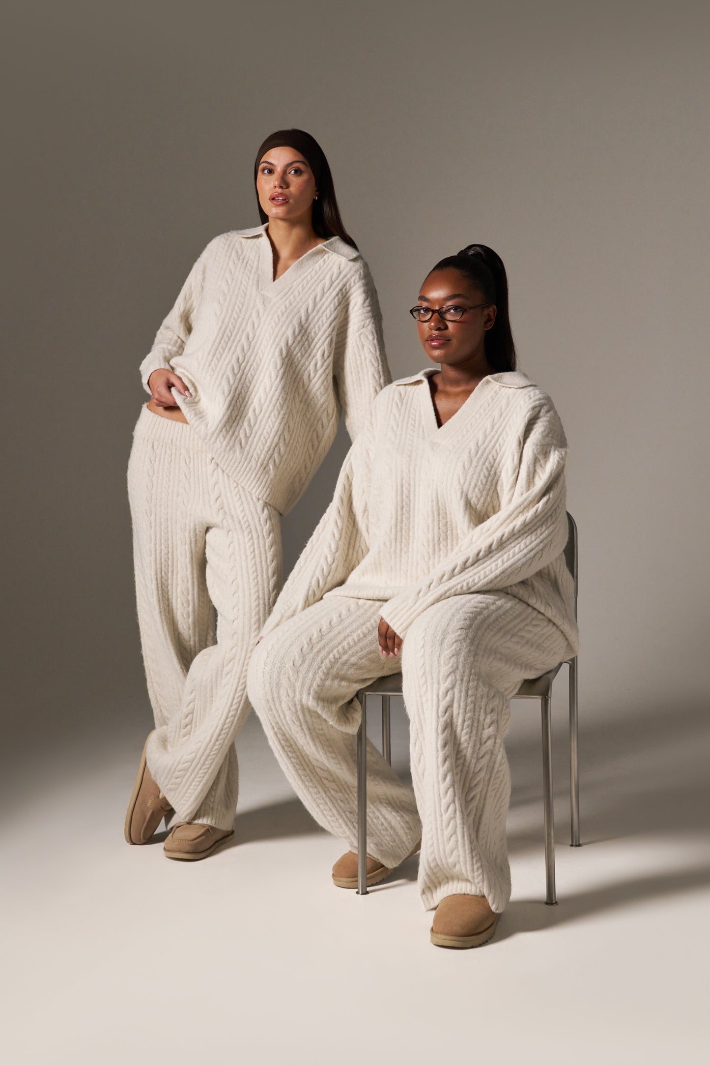 Cable Wide Leg Knit Trousers - Crème