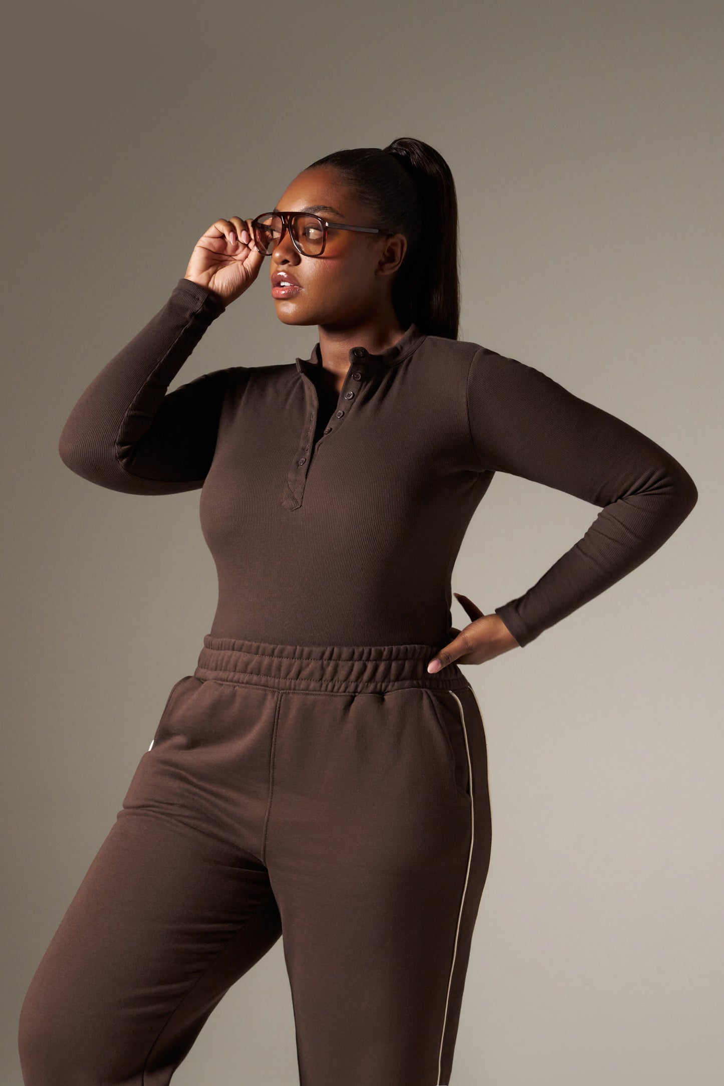 Rib Button Front Built In Bra Bodysuit - Espresso