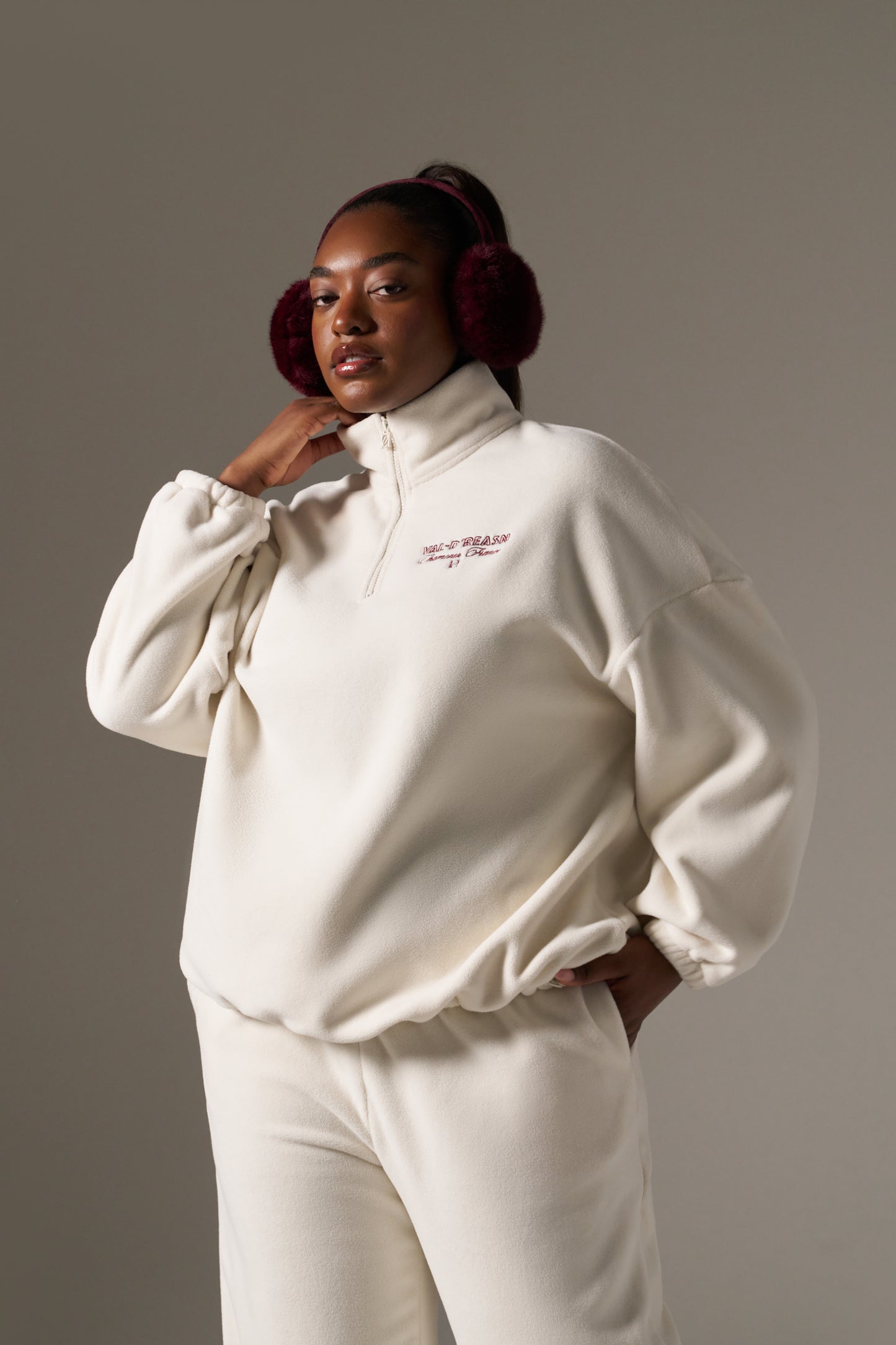 Oversized Apres Ski Fleece Quarter Zip Sweatshirt - Crème