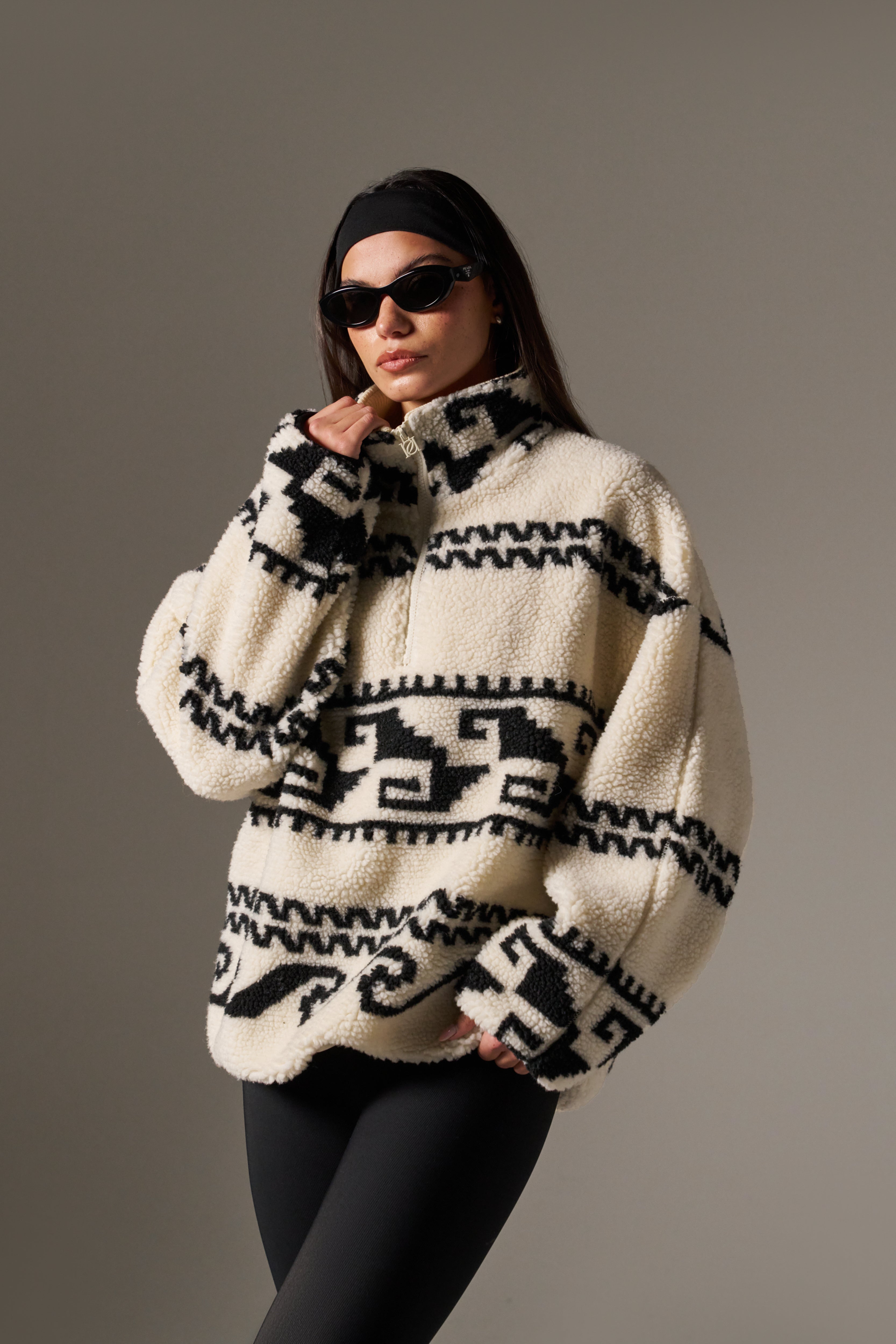 Aztec Detail Quarter Zip Borg Sweatshirt - Crème – reasn
