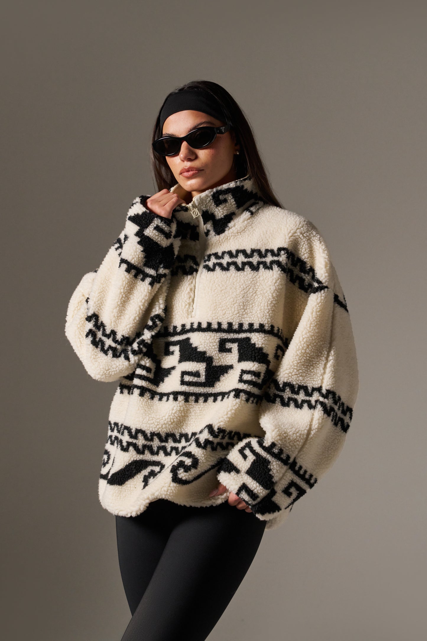 Aztec Detail Quarter Zip Borg Sweatshirt - Crème