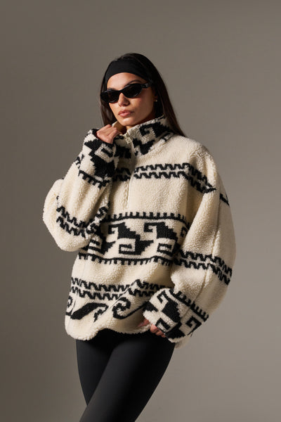 Aztec Detail Quarter Zip Borg Sweatshirt - Crème