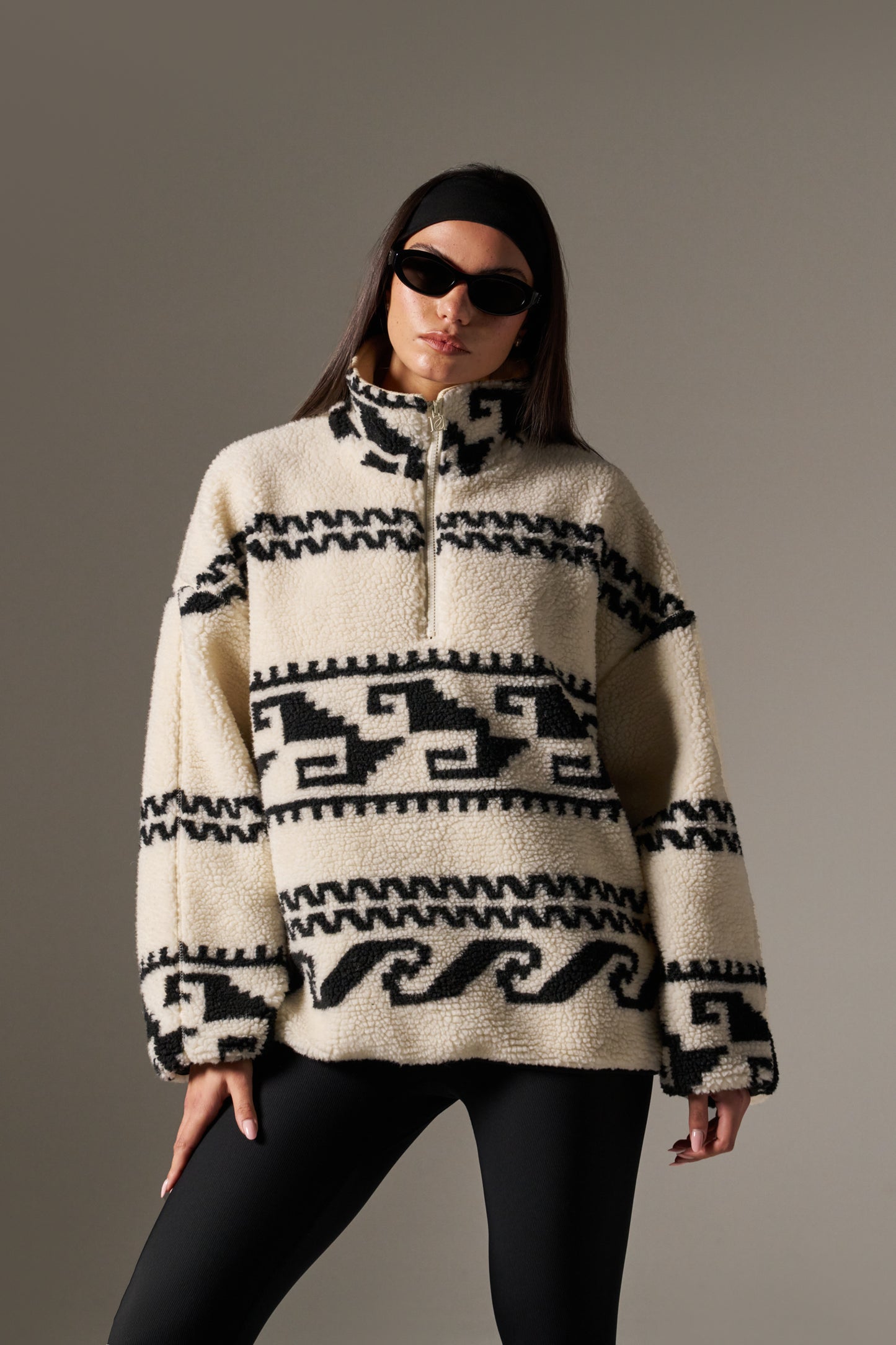 Aztec Detail Quarter Zip Borg Sweatshirt - Crème