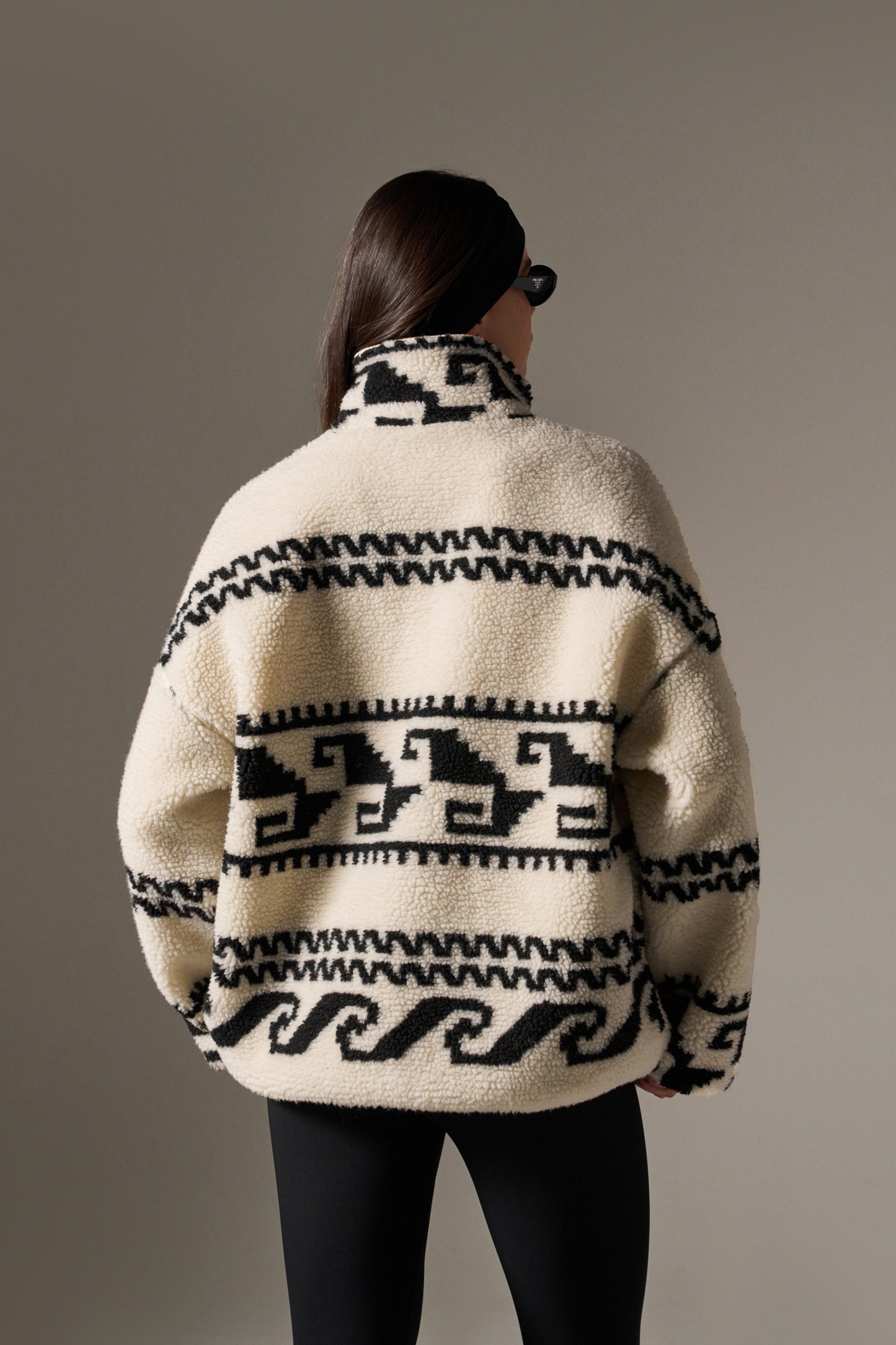 Aztec Detail Quarter Zip Borg Sweatshirt - Crème