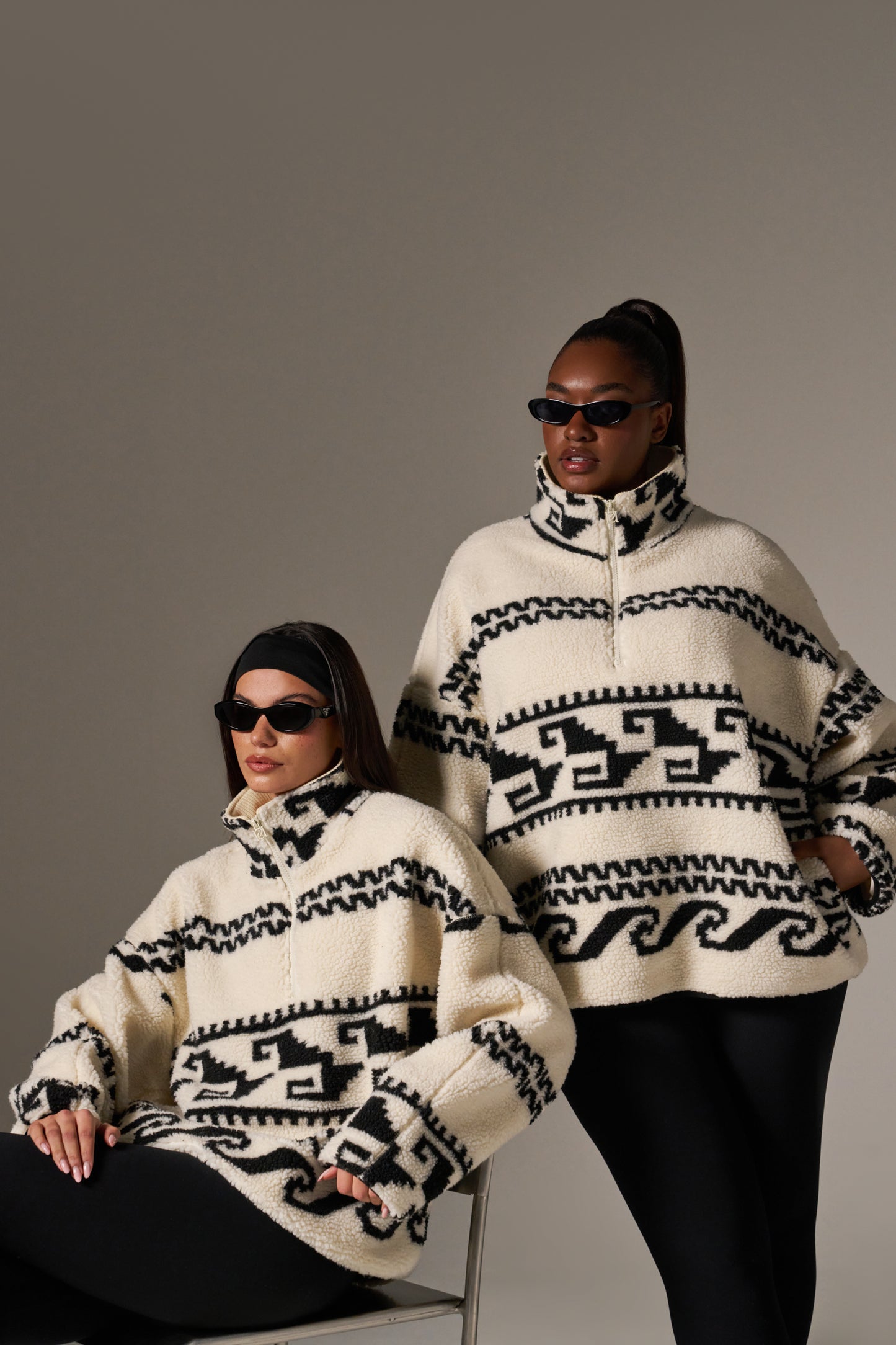 Aztec Detail Quarter Zip Borg Sweatshirt - Crème