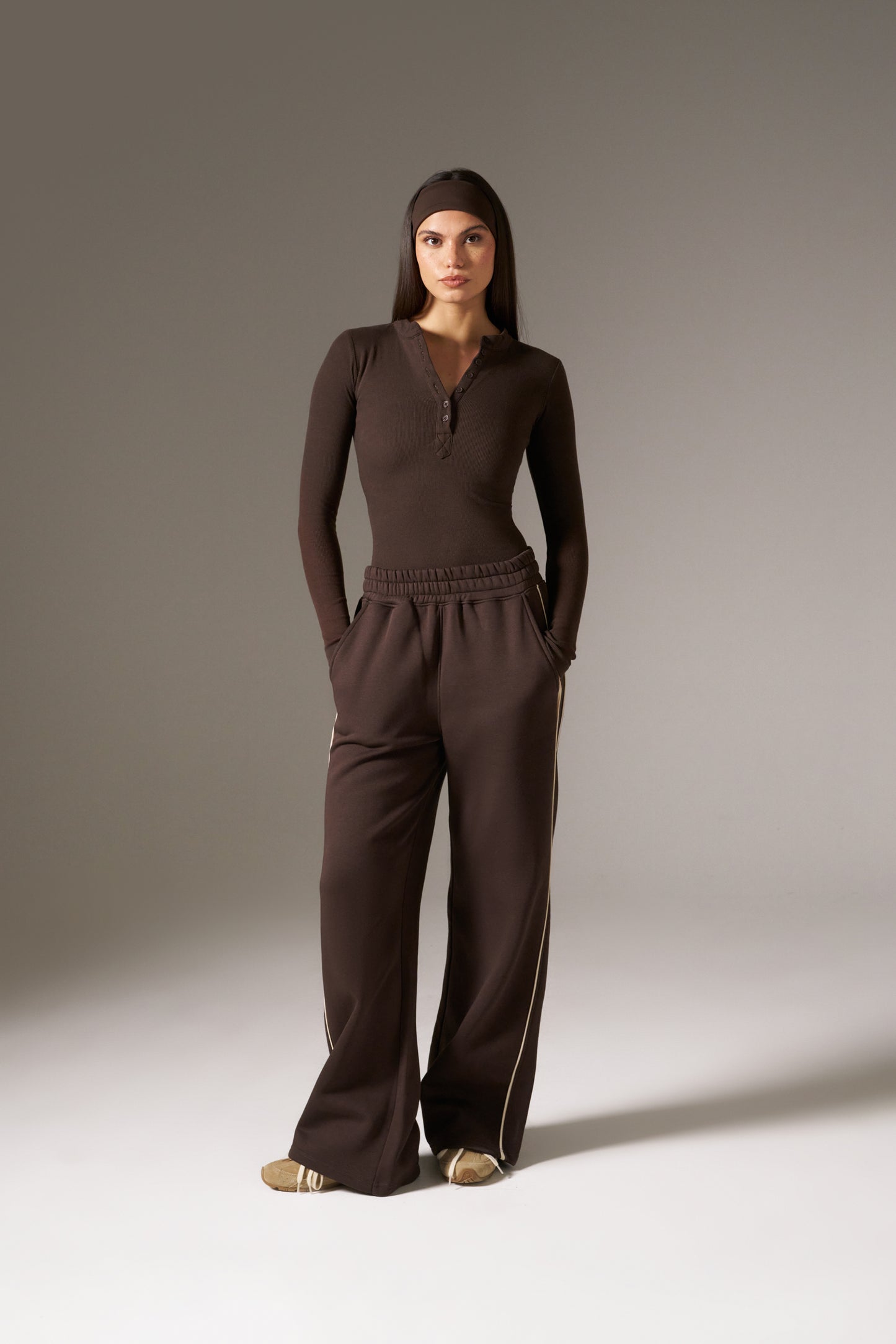 Rib Button Front Built In Bra Bodysuit - Espresso