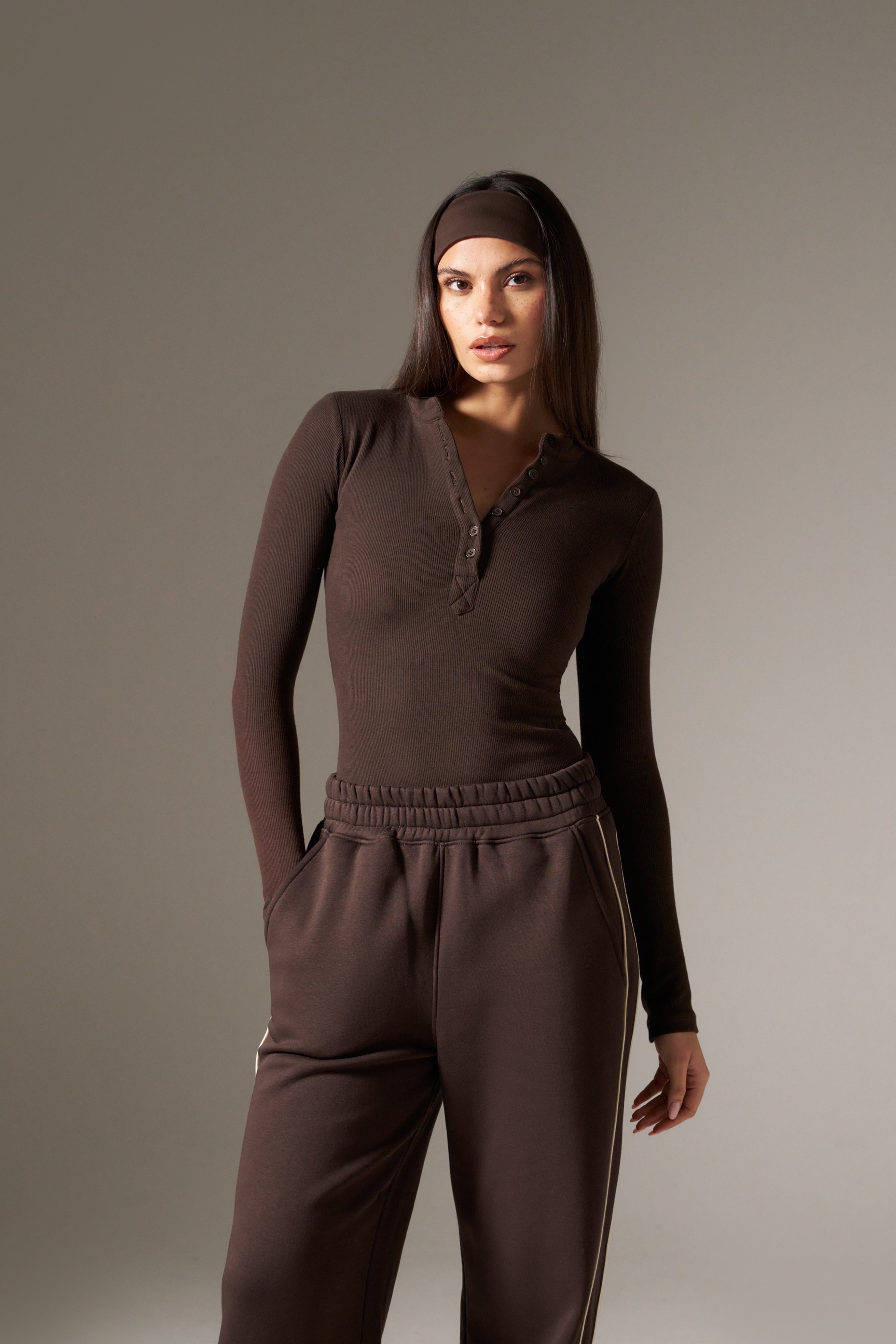 Rib Button Front Built In Bra Bodysuit - Espresso – reasn