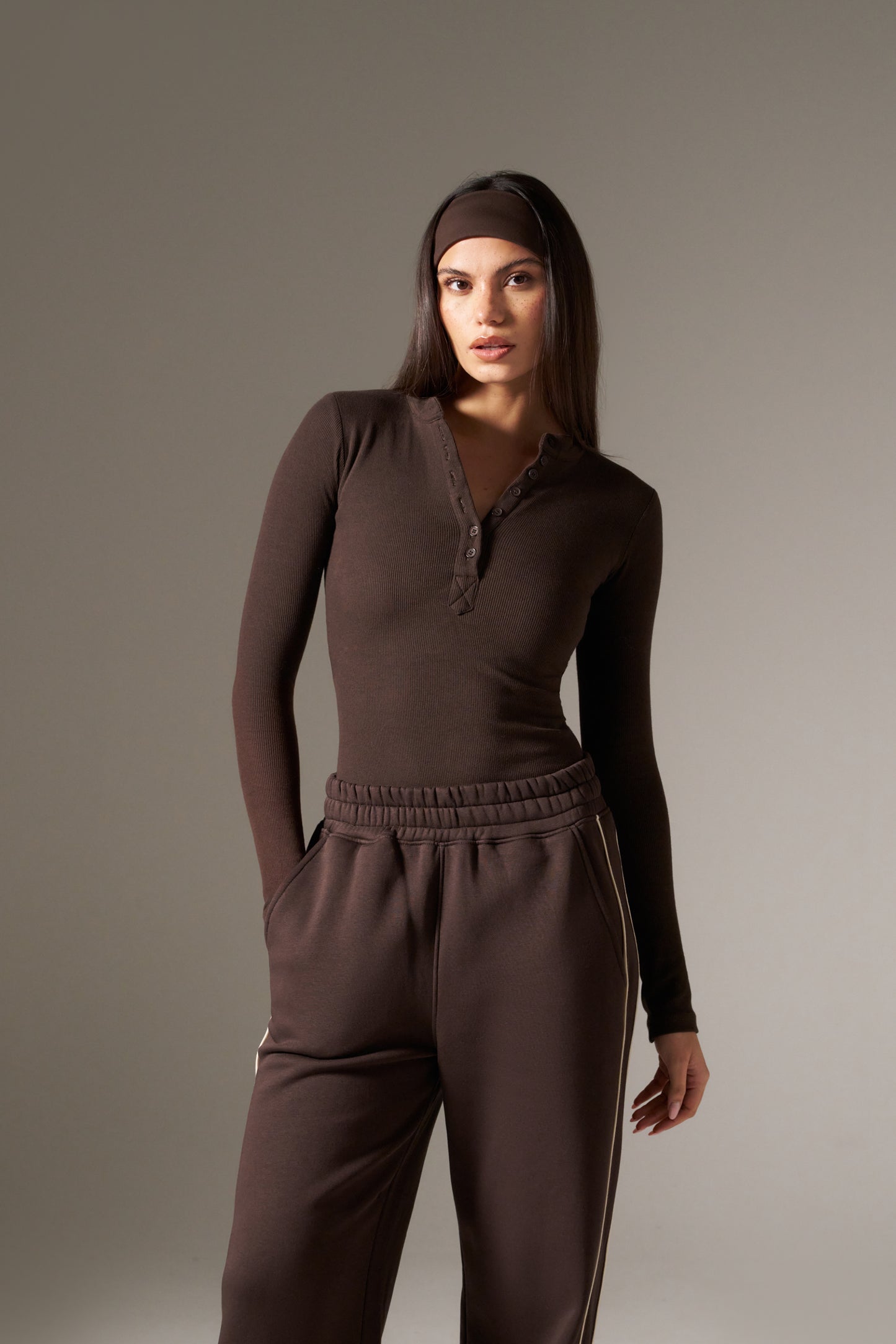 Rib Button Front Built In Bra Bodysuit - Espresso