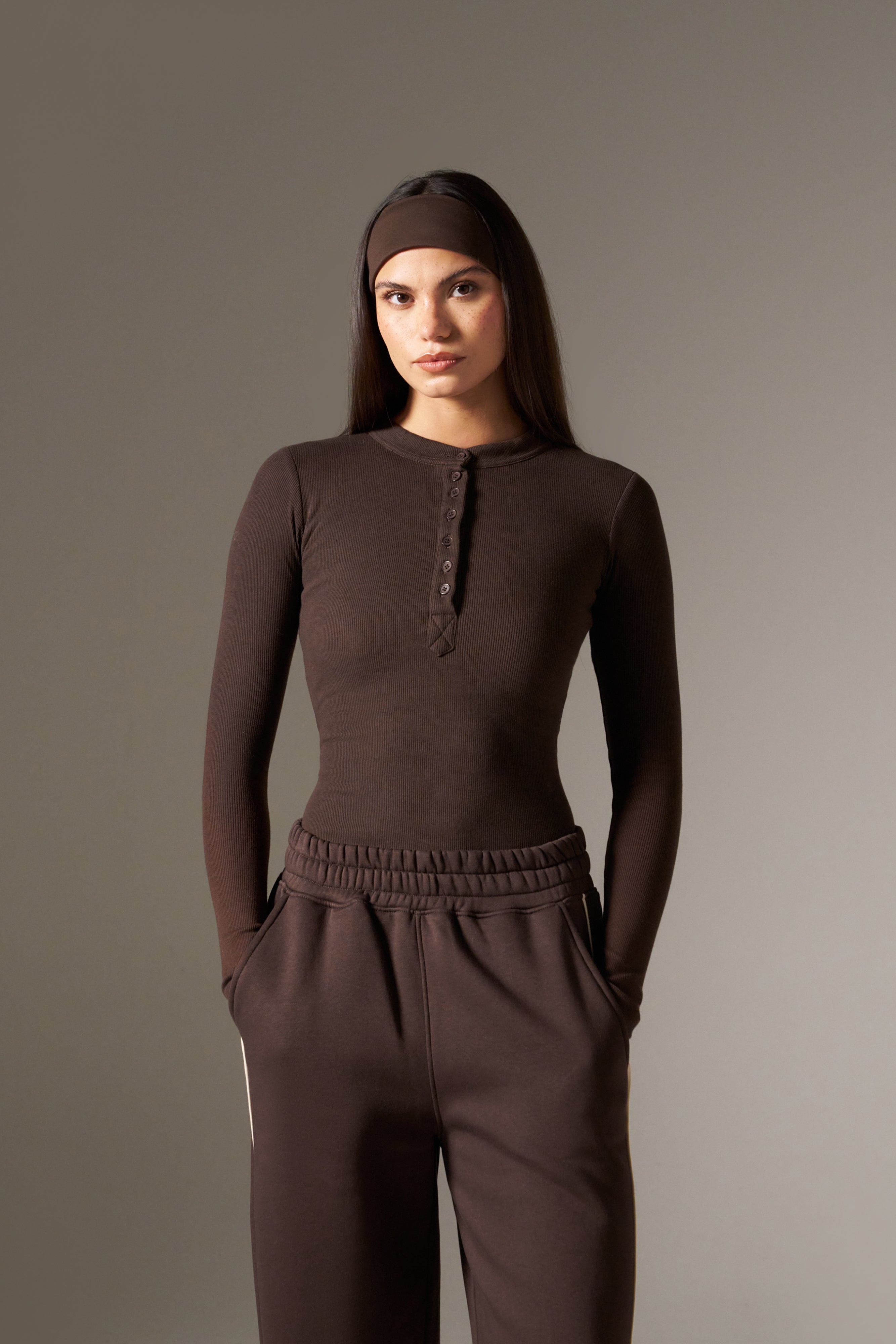 Rib Button Front Built In Bra Bodysuit - Espresso – reasn