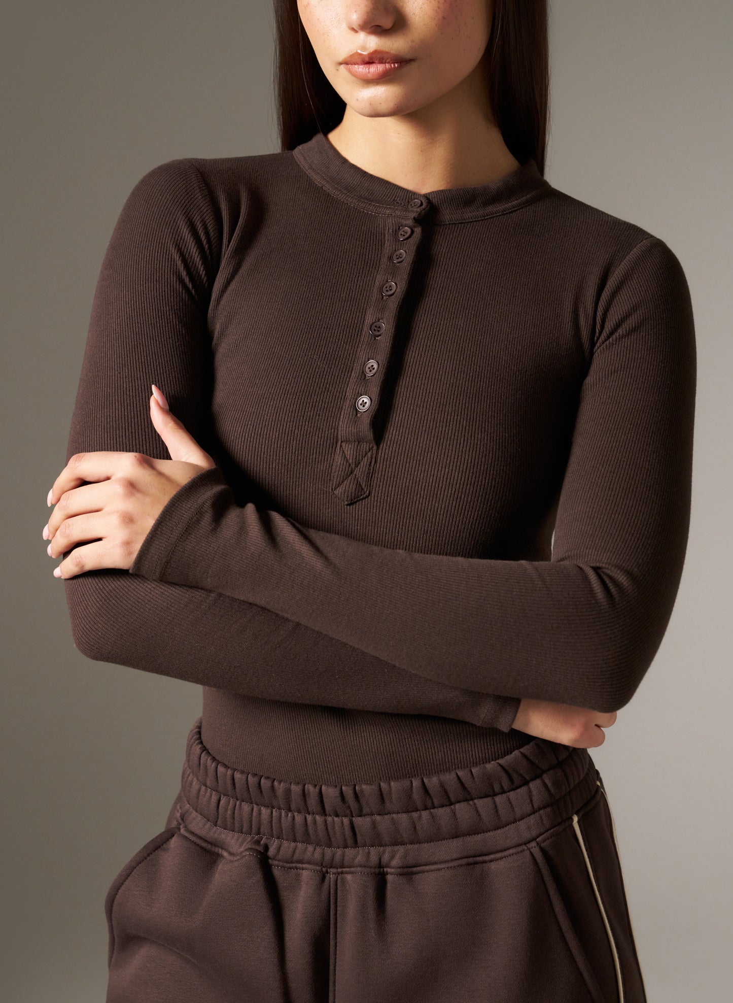 Rib Button Front Built In Bra Bodysuit - Espresso