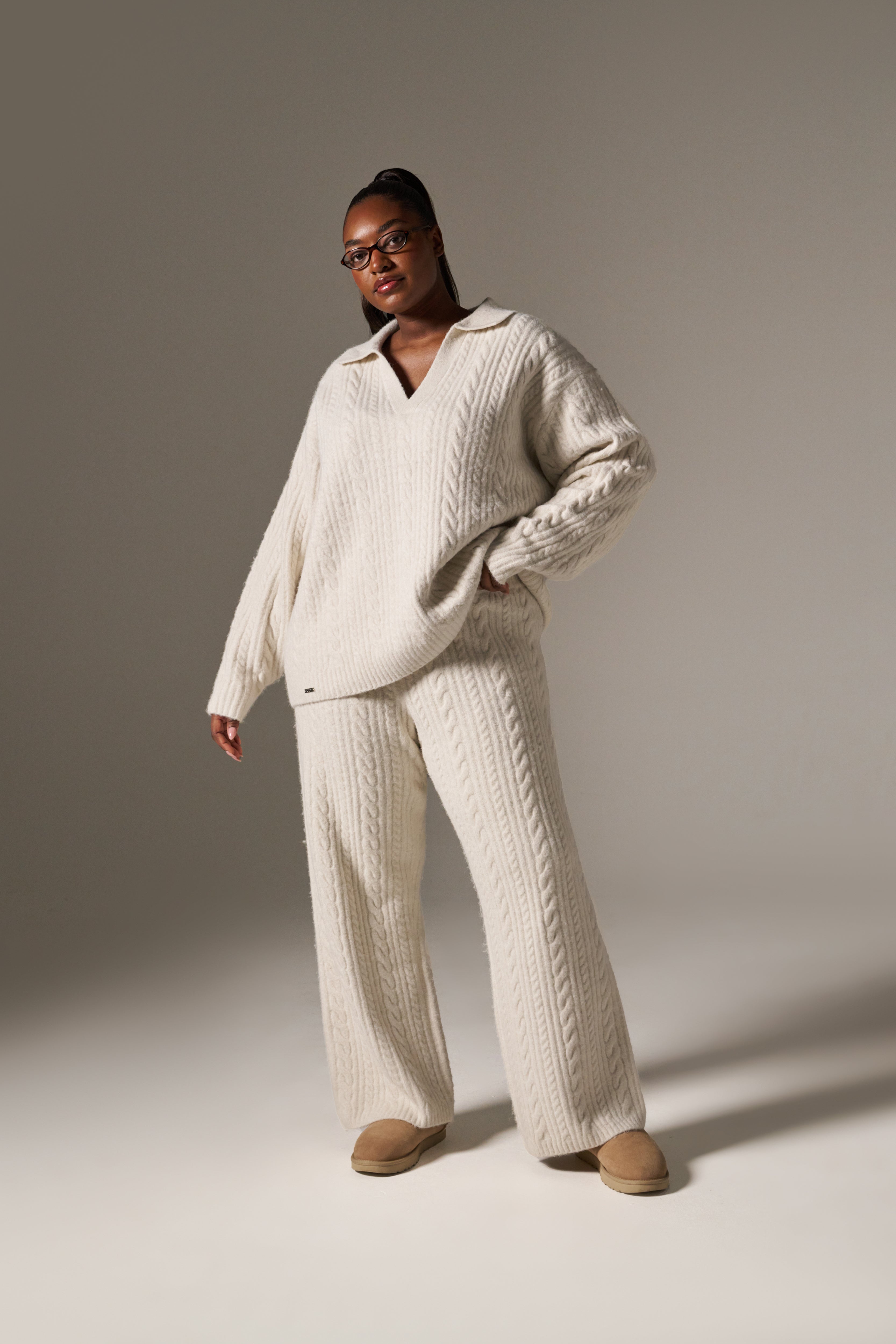 Cable Wide Leg Knit Trousers - Crème – reasn