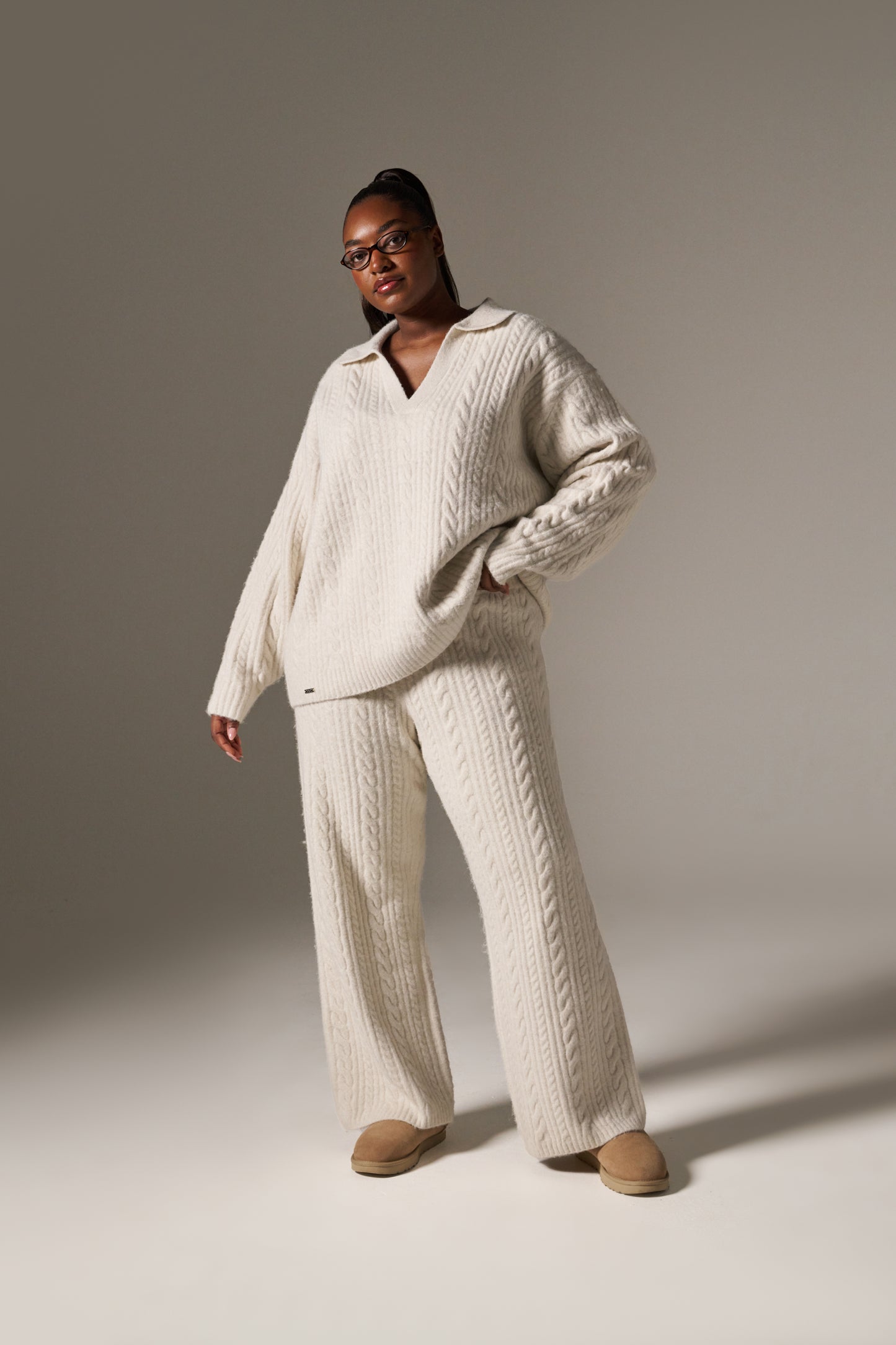 Cable Wide Leg Knit Trousers - Crème