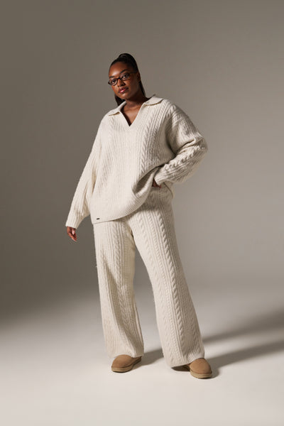 Cable Wide Leg Knit Trousers - Crème