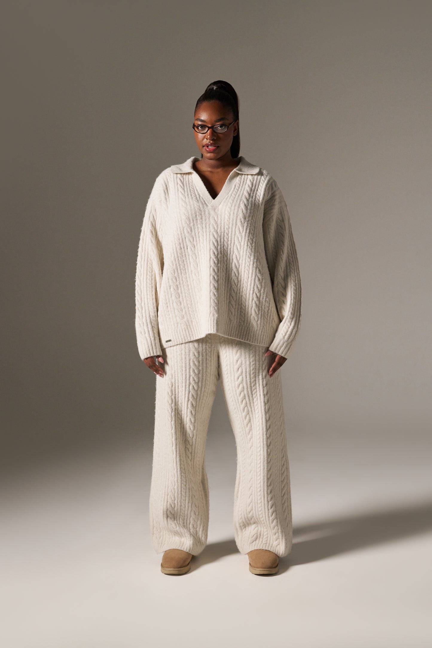 Cable Wide Leg Knit Trousers - Crème