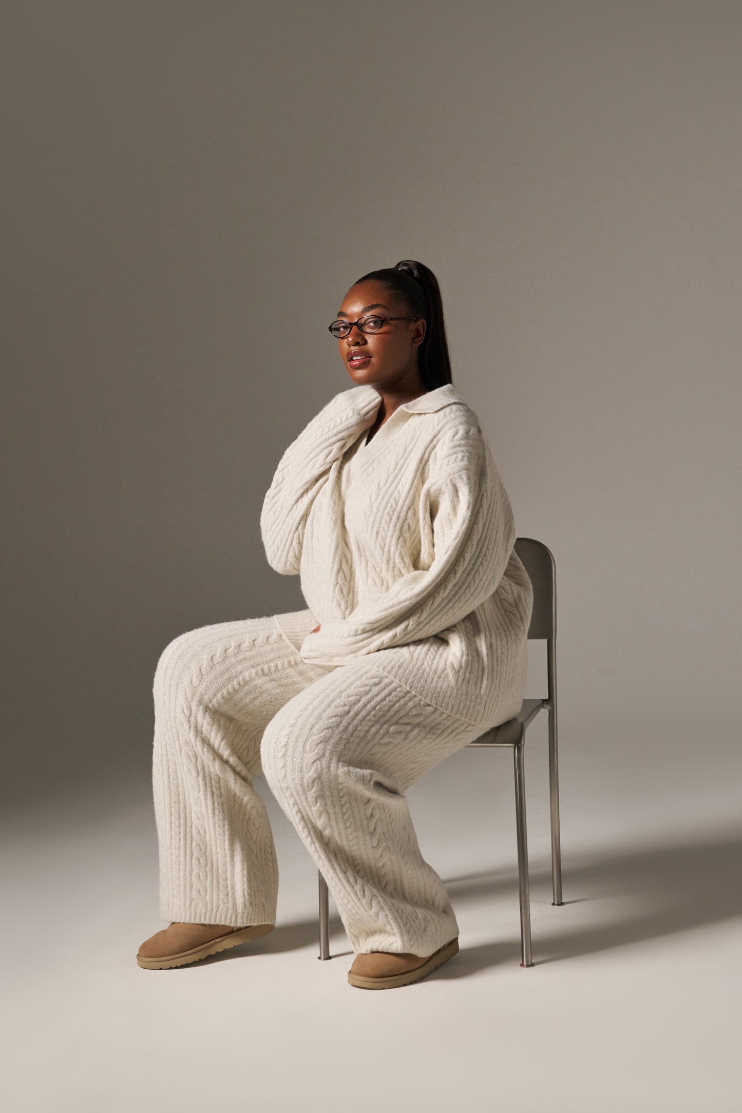 Cable Wide Leg Knit Trousers - Crème