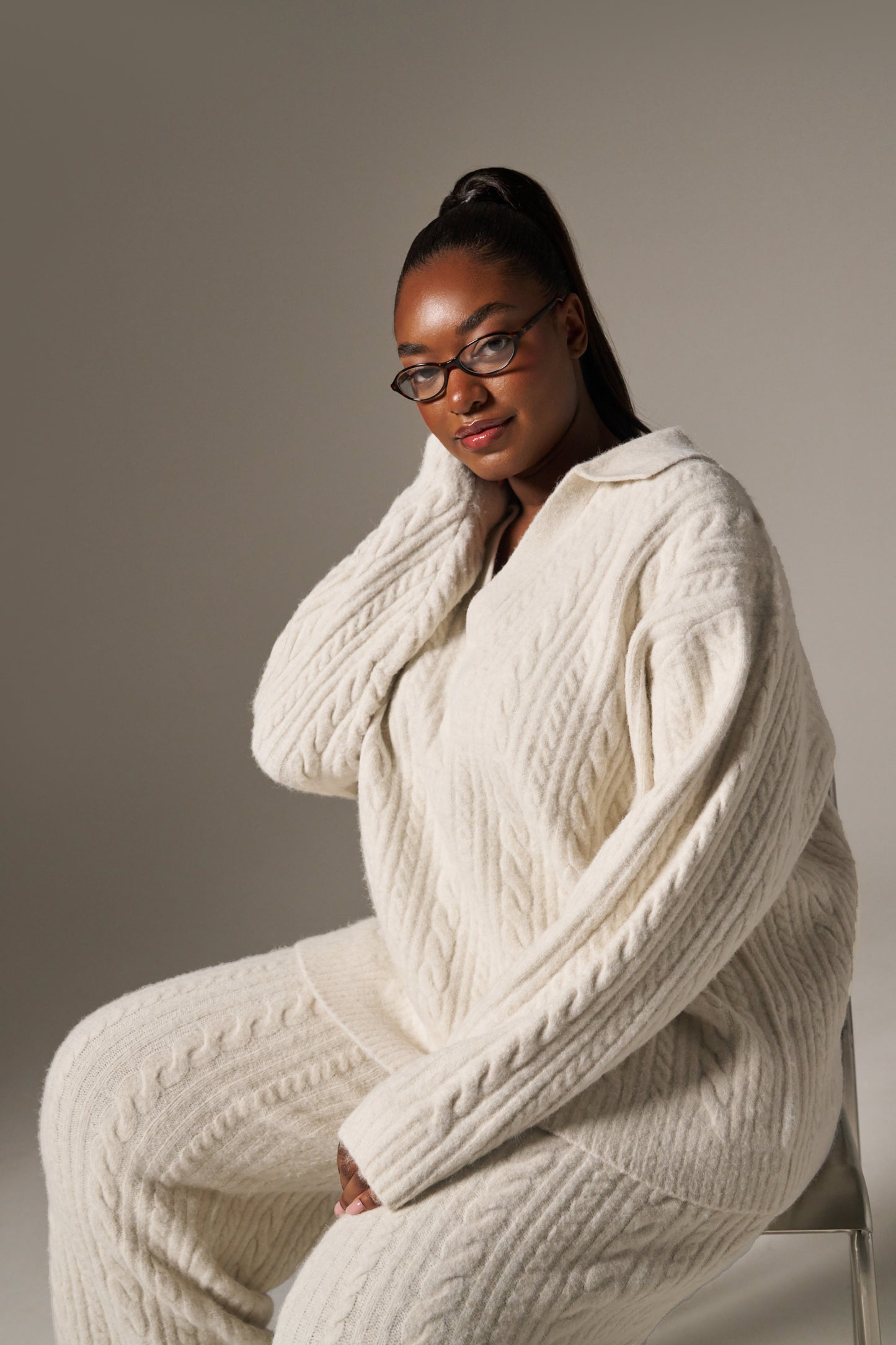 Cable Rugby Collar Knit Jumper - Crème