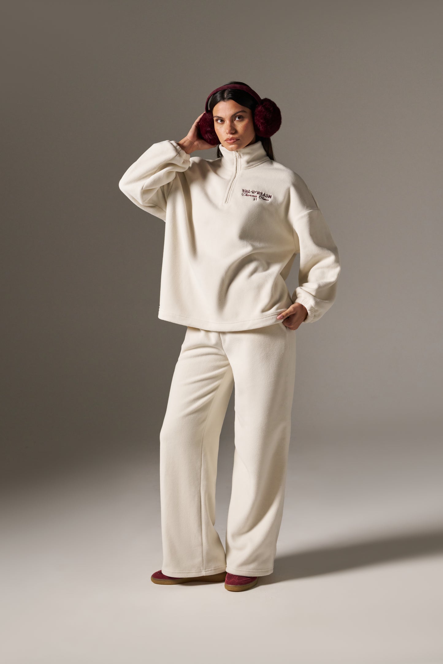 Oversized Apres Ski Fleece Quarter Zip Sweatshirt - Crème