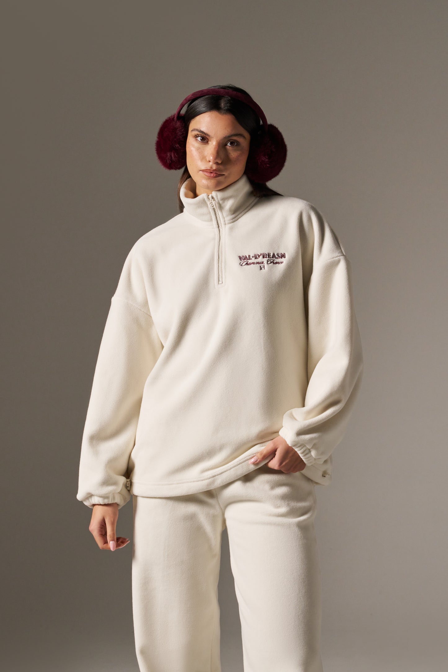Oversized Apres Ski Fleece Quarter Zip Sweatshirt - Crème