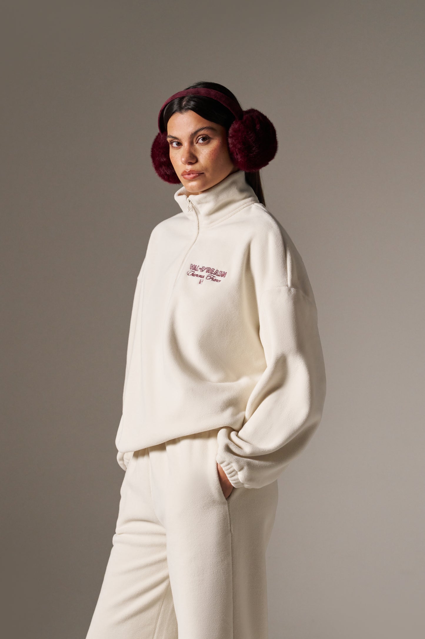 Oversized Apres Ski Fleece Quarter Zip Sweatshirt - Crème