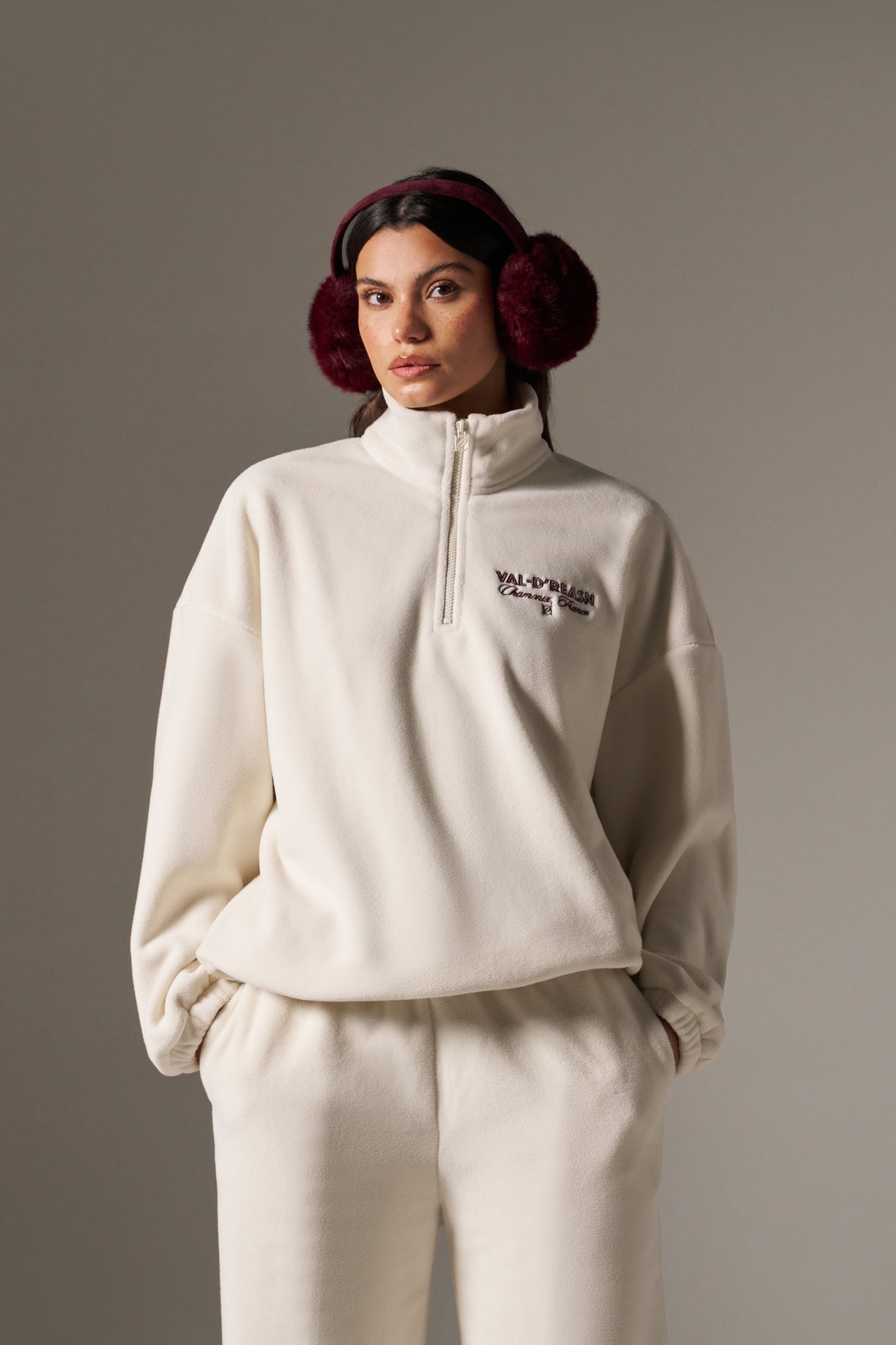Oversized Apres Ski Fleece Quarter Zip Sweatshirt - Crème