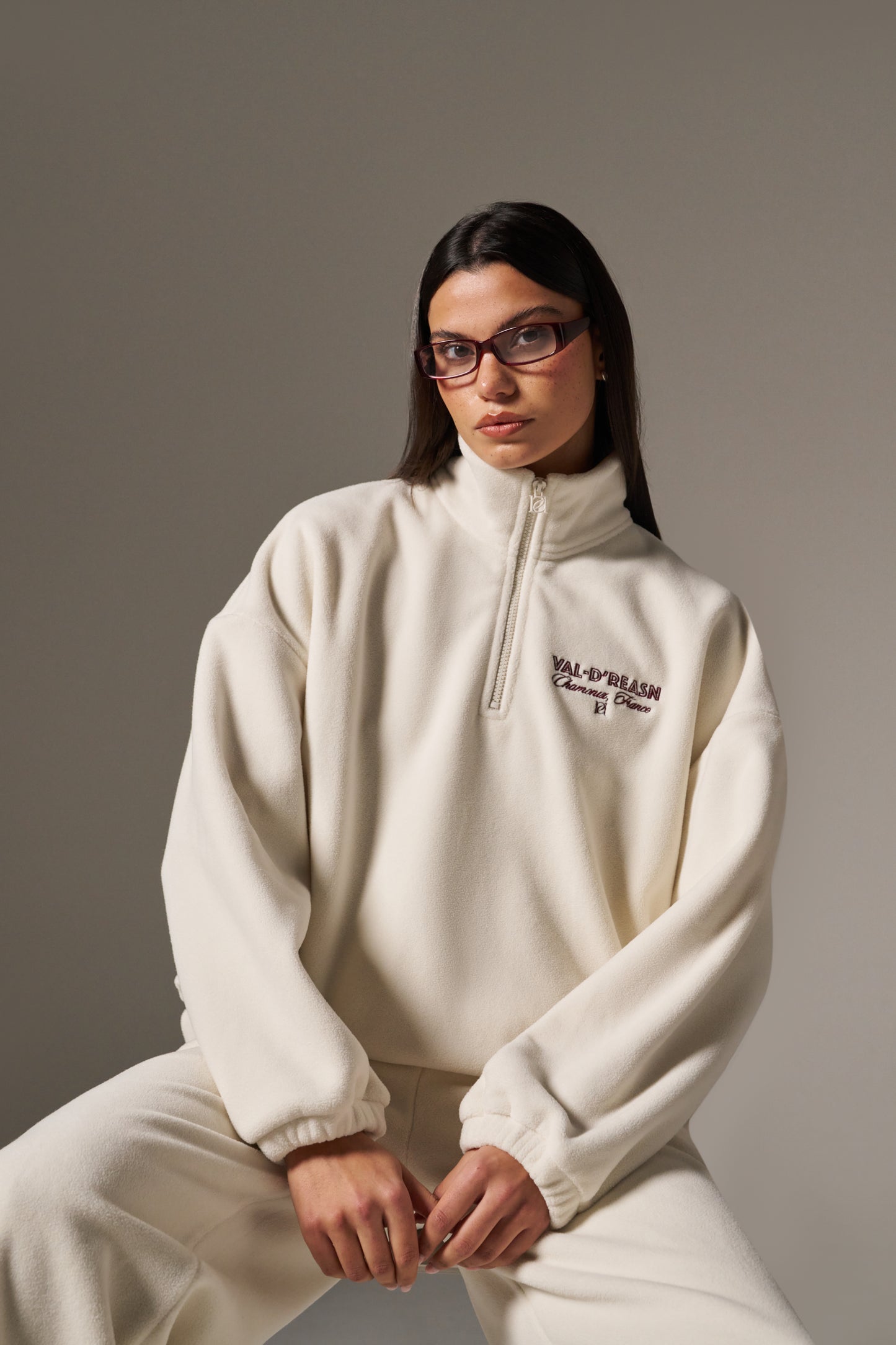 Oversized Apres Ski Fleece Quarter Zip Sweatshirt - Crème