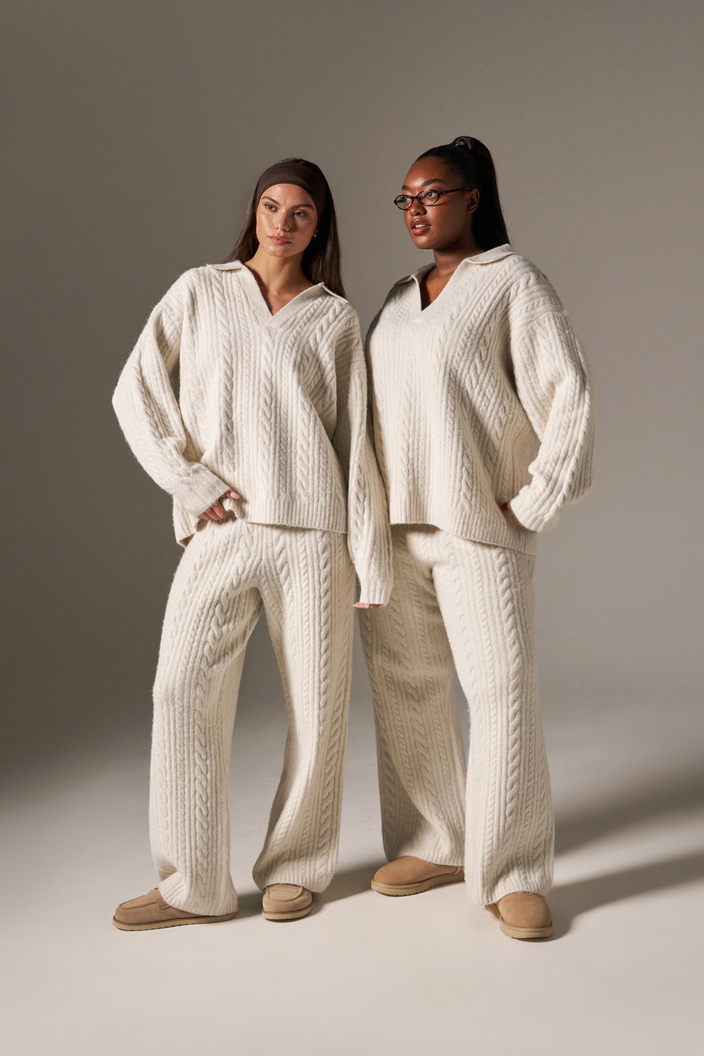 Cable Wide Leg Knit Trousers - Crème