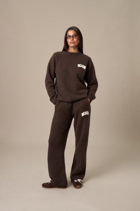 Wide Leg Boucle Branded Knitted Trousers - Espresso