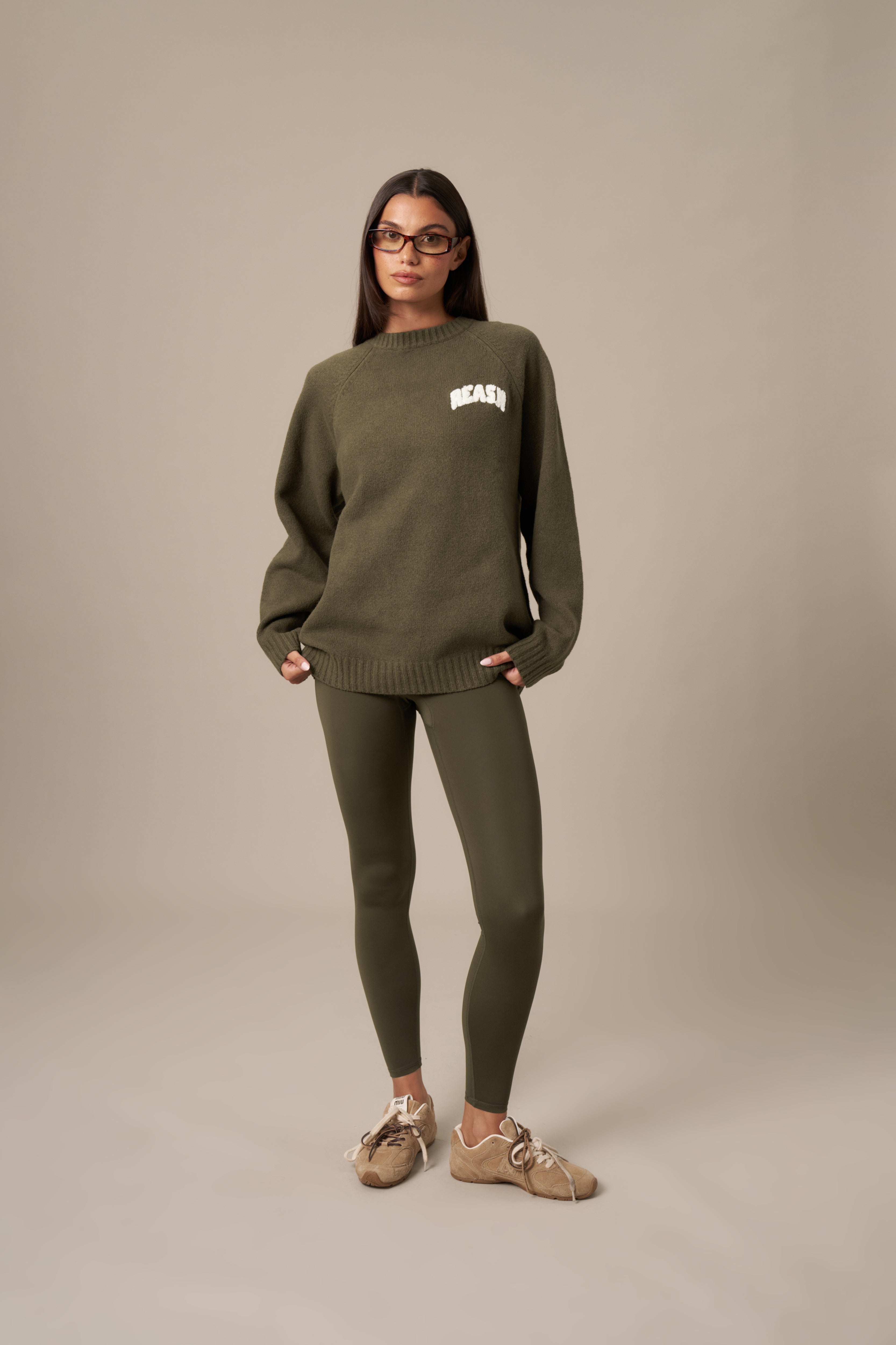 Knitted Crew Neck Oversized Jumper - Dark Olive – reasn