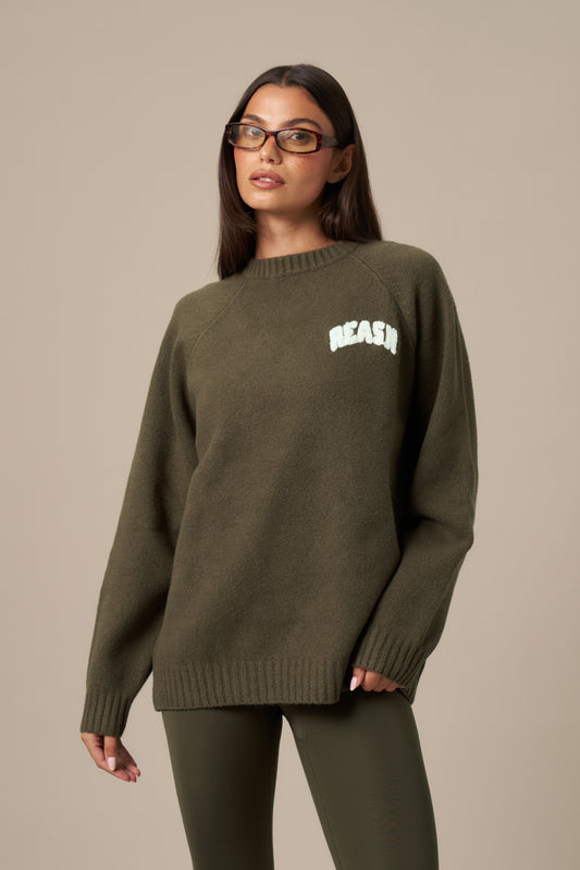Knitted Crew Neck Oversized Jumper - Dark Olive
