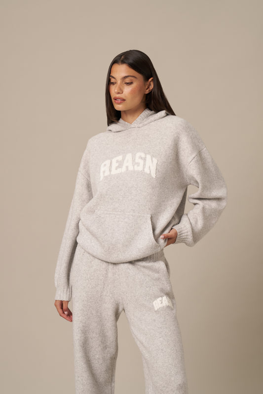 Oversized Boucle Branded Knitted Hoodie - Grey Marl